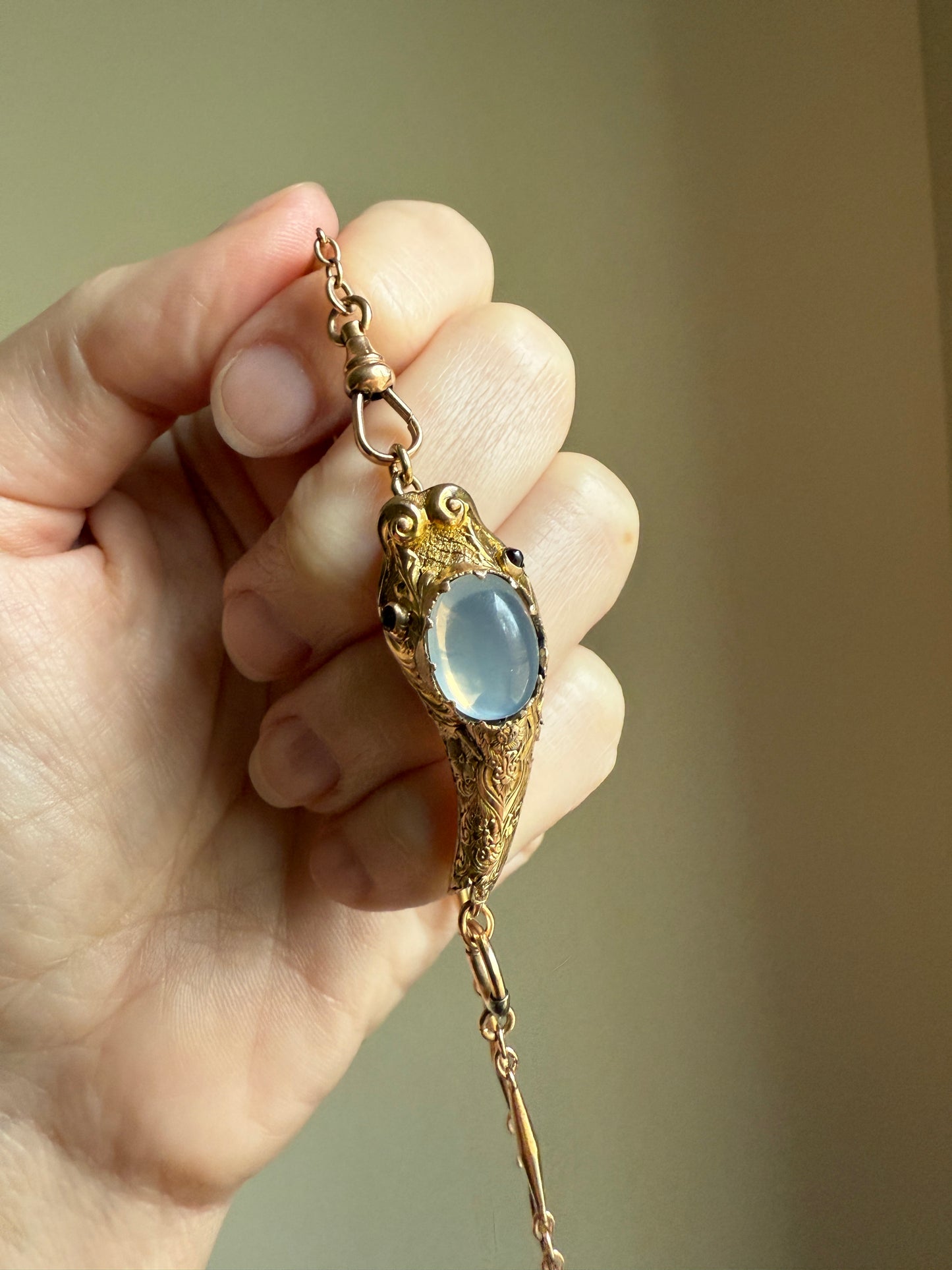 MOONSTONE Smiling SNAKE Large Victorian Antique Pendant CONNECTOR Extender Figural 10k Gold Solid Swivel Engraved Head Garnet Eyes