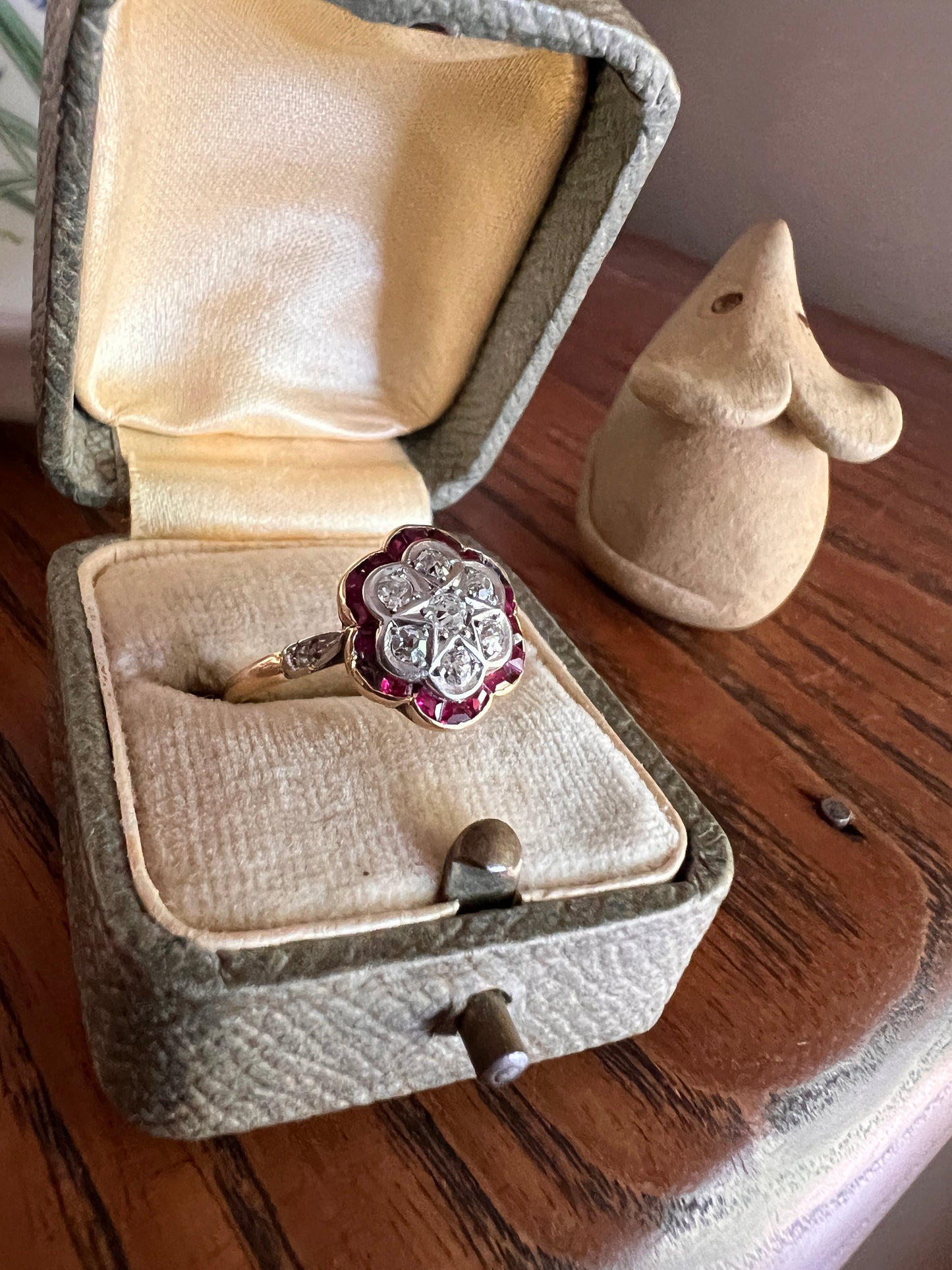 FLORAL Ruby HALO Old Mine Cut Diamond Ring STAR Detail 18k Gold Platinum French Antique