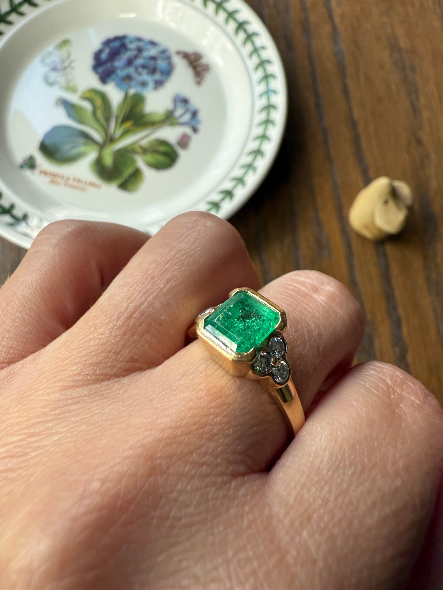 Vintage Rectangular Emerald Diamond Seven Stone Ring French 18k Gold Band Retro Stacker Green Sparkle Colorful Gift Tall Demi Bezel