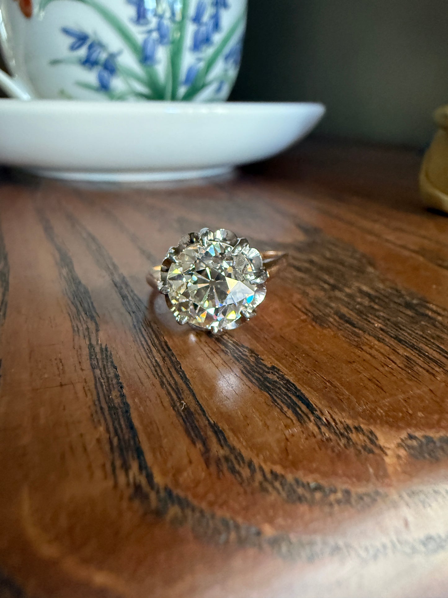 Special French Original Antique 3.5 CARAT Old European Cut DIAMOND Eye Clean Solitaire Engagement Ring 18k Rosy Gold Platinum Fiery OEC
