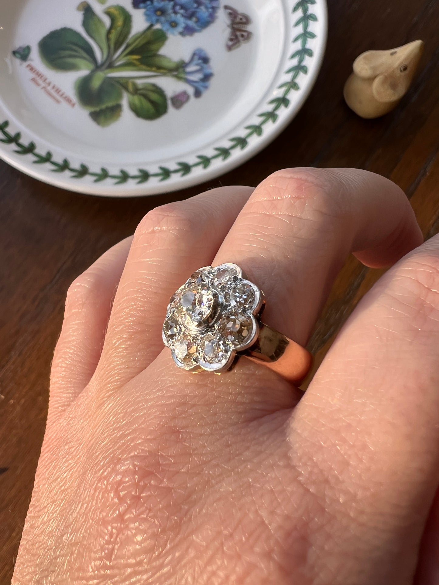 Large ANTIQUE 2.6 Carat Nine Stone Old Mine Cut Halo DiAMOND Ring 18k Gold PLATiNUM Wide Band Daisy Cluster