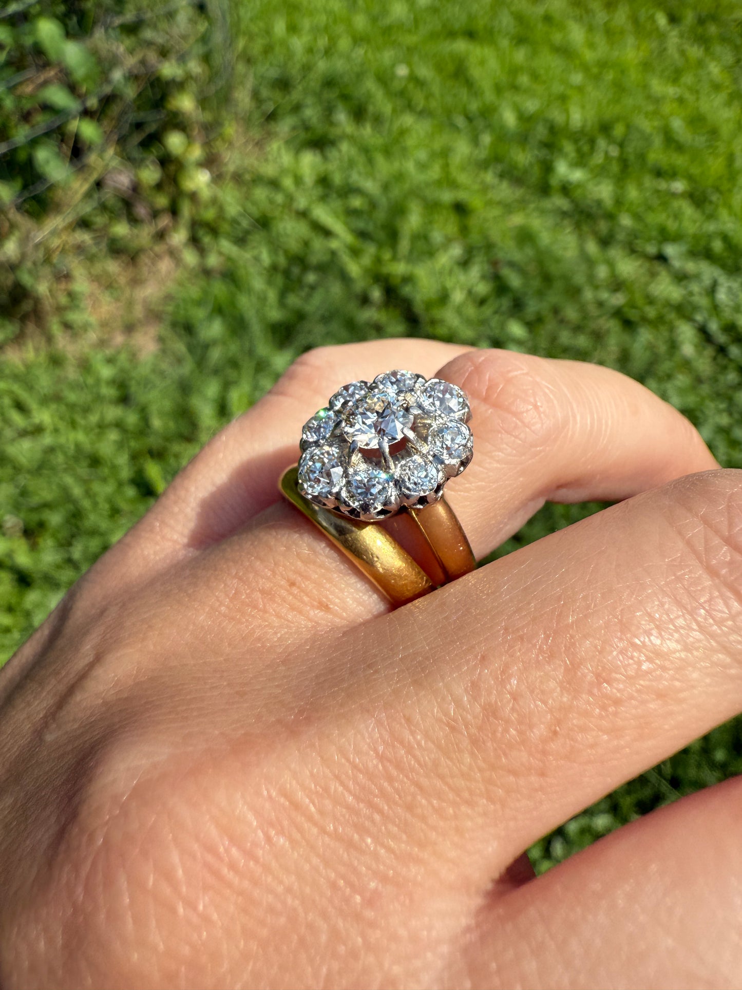 ANTIQUE 2.6 Carat 9 Old Mine Cut DIAMOND Daisy Cluster Ring 18k Gold & PLATINUM Belle Epoque Romantic Gift OmC Victorian Oval