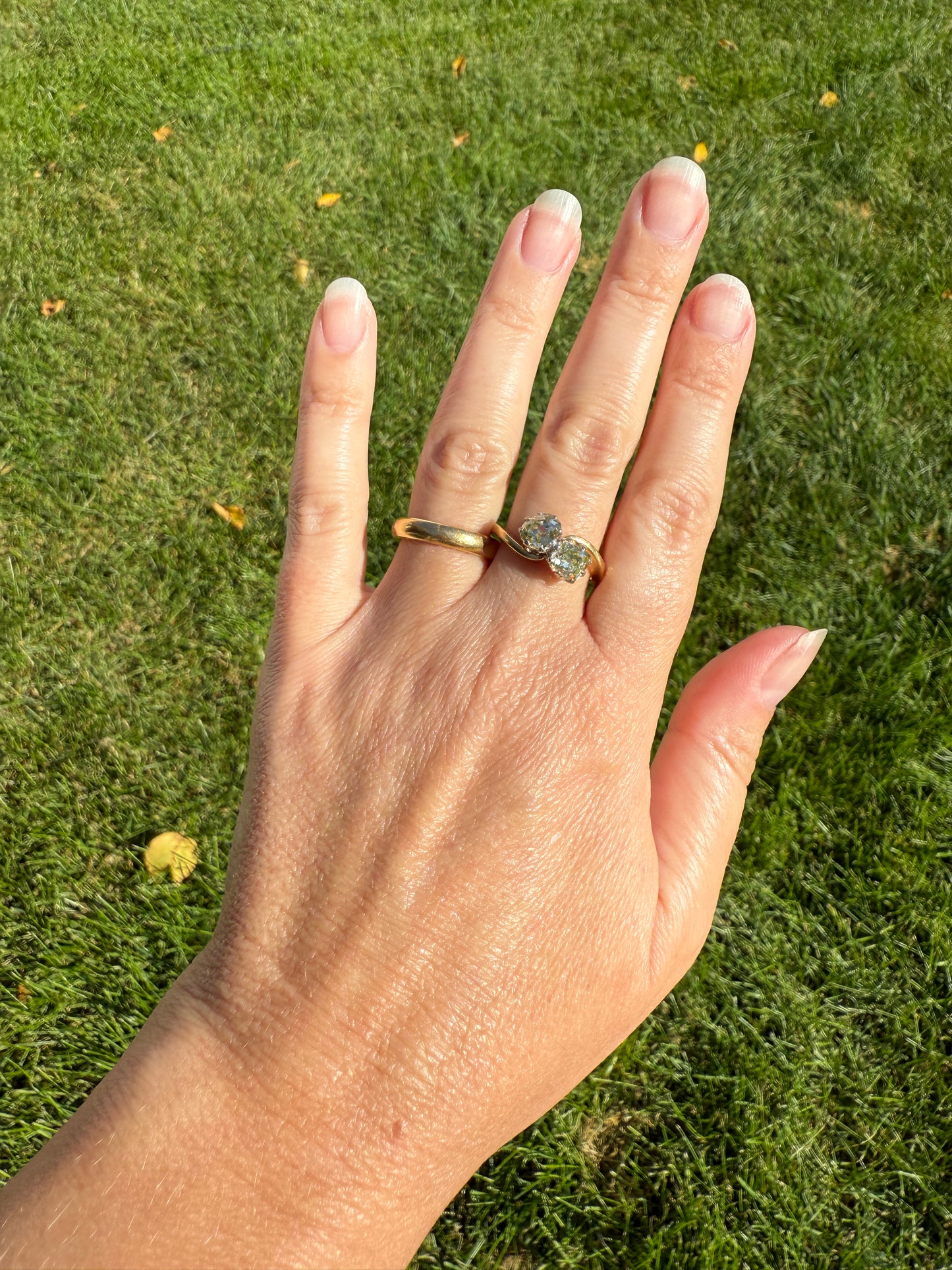 Antique Toi et Moi 2.1 CARAT Old Mine Cut DIAMOND Fancy Light Yellow Chunky 2 Stone Ring 18k Gold Angled Swirl Band Stacker c1901 Victorian