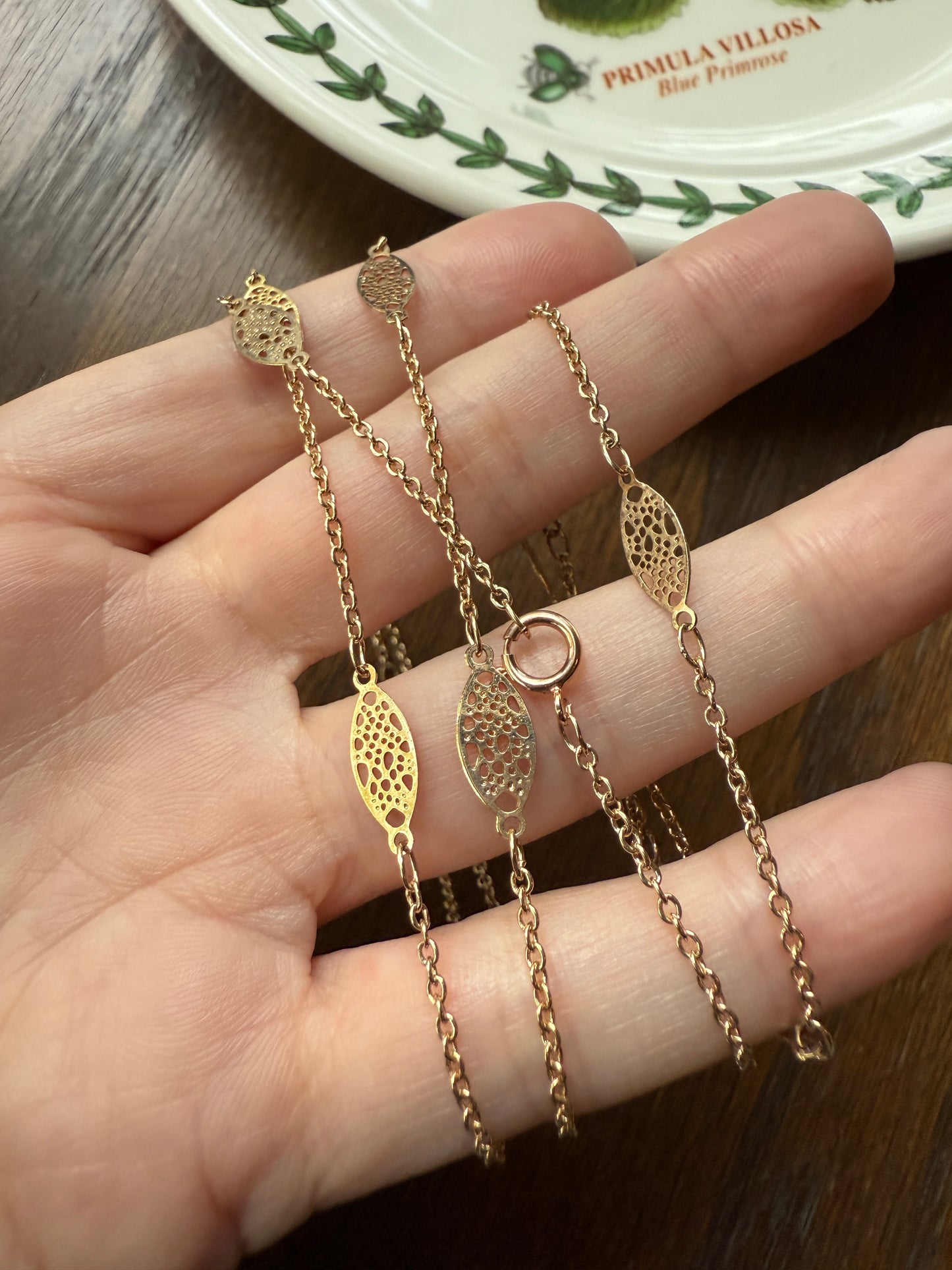French Vintage Gold Filled Ornate Openwork Oval Link Long Chain