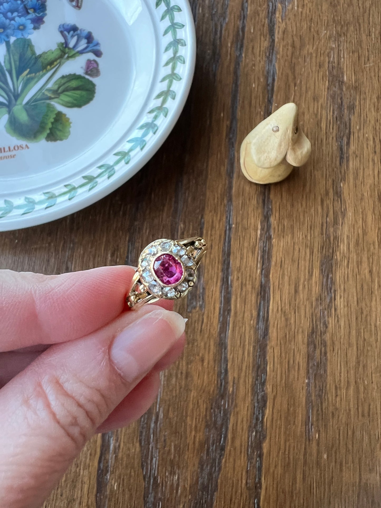 VICTORIAN Antique Pink Old Cut Natural RUBY Rose Cut Diamond Halo Ring Bead Ball Rivet Band 18k Gold