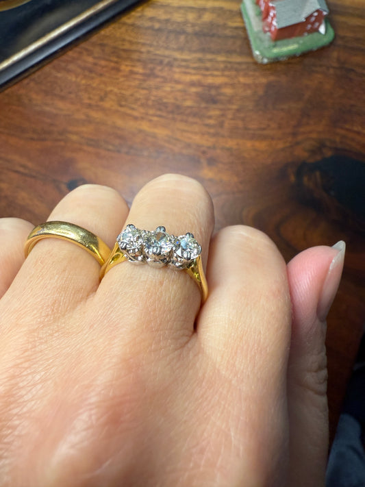 Antique One Carat Transitional Cut DIAMOND Three Stone Ring Prong Set Stacker Trilogy 18k Gold Platinum