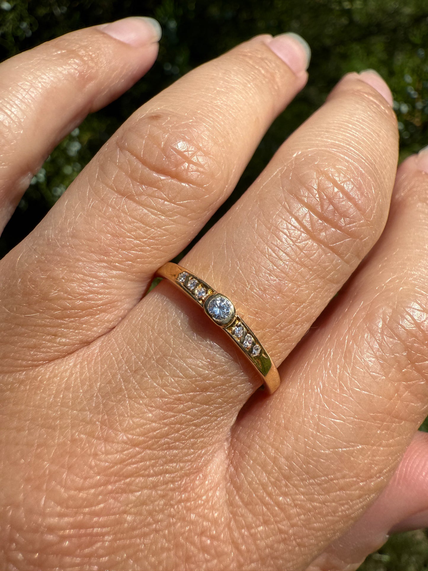 Bezel Set Vintage Skinny Band 18k Gold Solid Stacker Ring Geometric Single Cut Diamonds Seven Stone Skinniest Dainty Minimalist