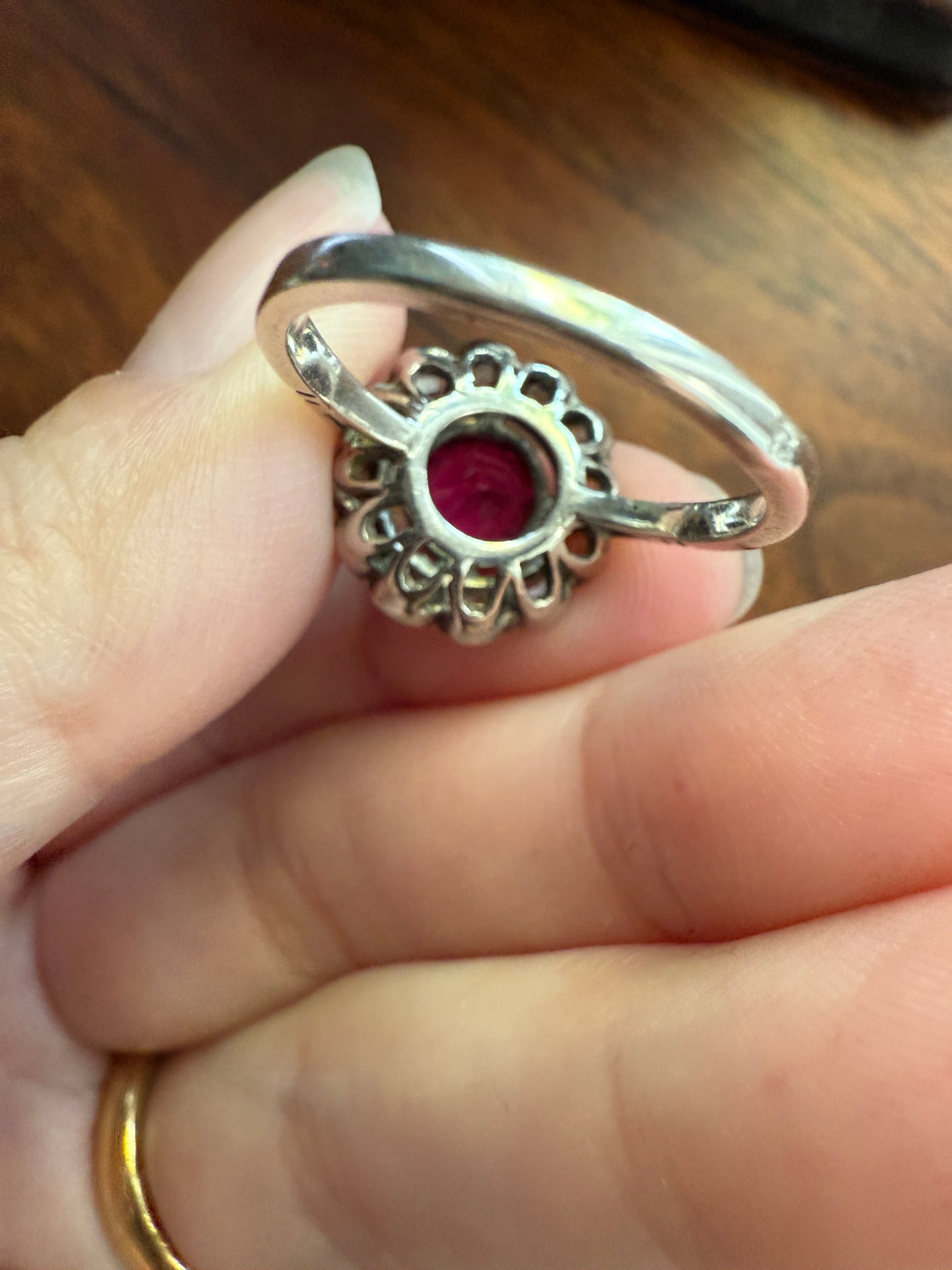 Antique Ruby & Rose Cut Diamond Halo Cluster Ring Pink Red Solid Silver French Edwardian Stacker