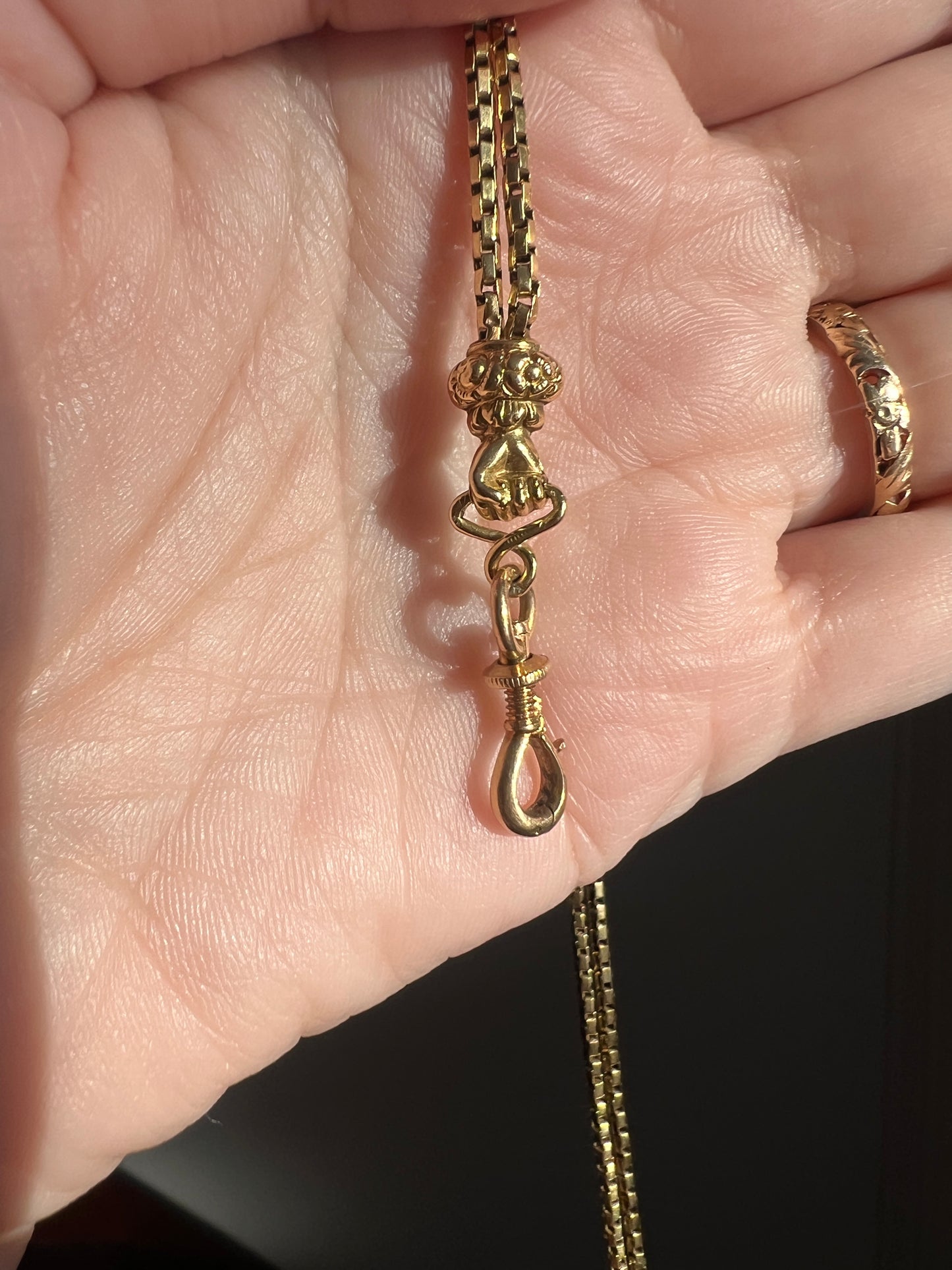 FIST French Antique VICTORIAN Necklace Pendant Holder 23g 18k Gold Figural Box Chain Hand Dog Clip Screw Bolt