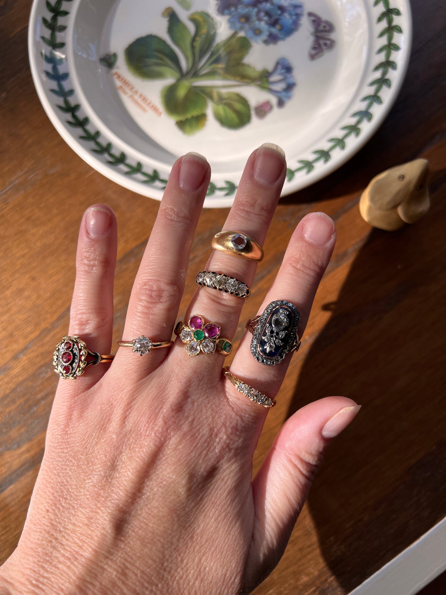 PANSY .85 Carat Eye Clean Oval Old Mine Cut DIAMOND Green EMERALD Pink Ruby Victorian Antique Figural Floral Ring 18k Gold