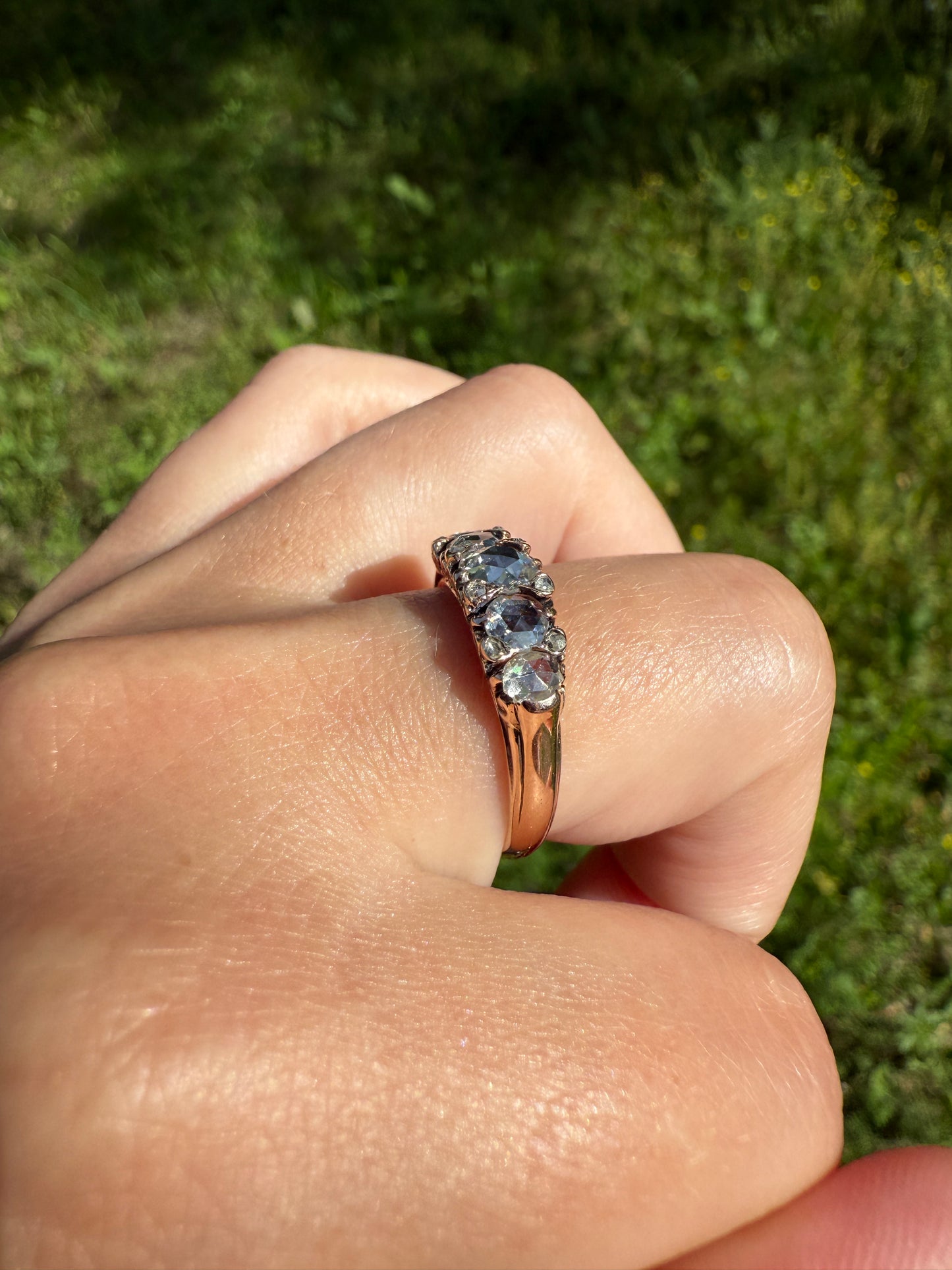 ANTIQUE Rose Cut DIAMOND Five Stone Band with Spacers Disco Ball Stacker Ring 14k Gold