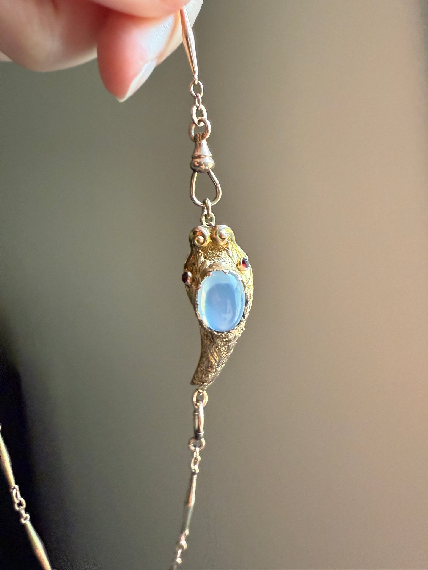 MOONSTONE Smiling SNAKE Large Victorian Antique Pendant CONNECTOR Extender Figural 10k Gold Solid Swivel Engraved Head Garnet Eyes
