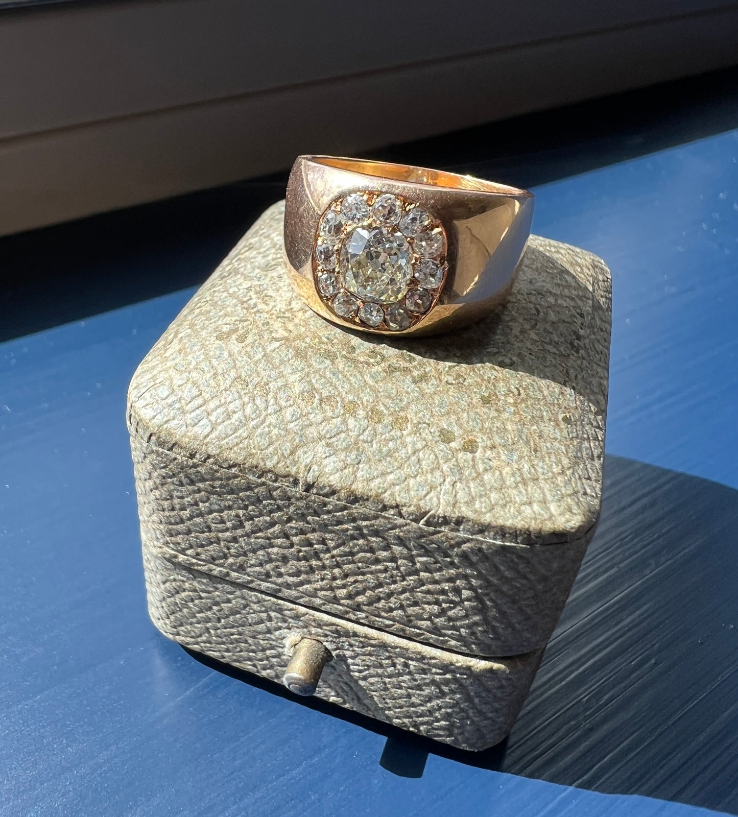 ANTIQUE 1 1/4 Carat Eye Clean Old Mine Cut DIAMONDS Chunky 18k Gold 12mm Wide Cigar Band Cluster Halo Ring French Cobblestone
