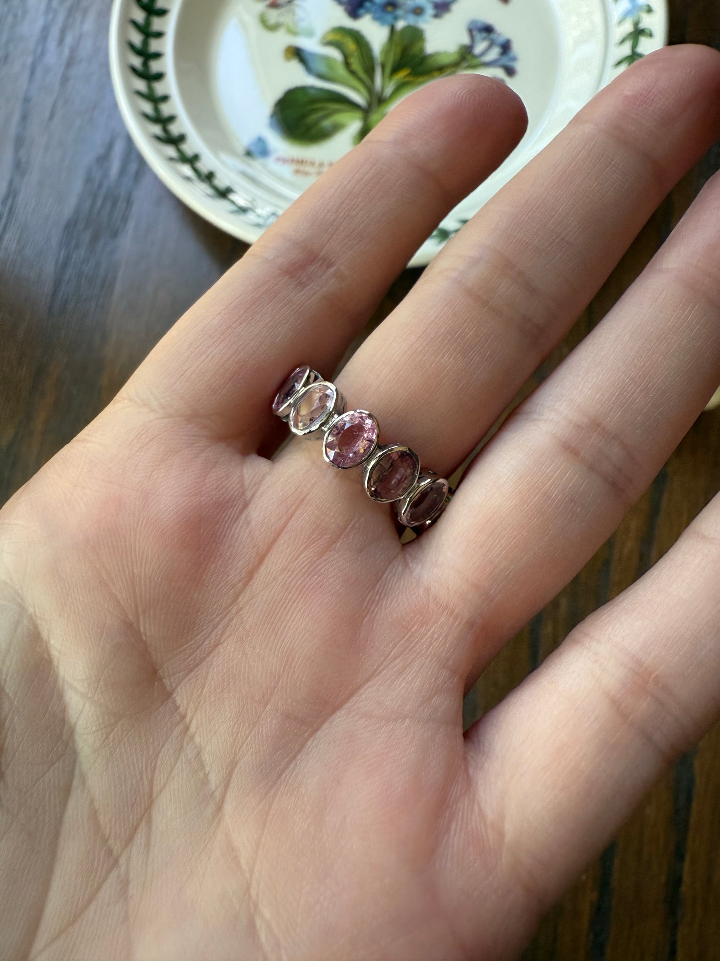 PINK TOURMALINE 5 Carats Natural French Vintage ETERNITY Ring 14k White Gold Wide Band Oval Pale Dusty Rose Light Dark Hue Chunky Stacker