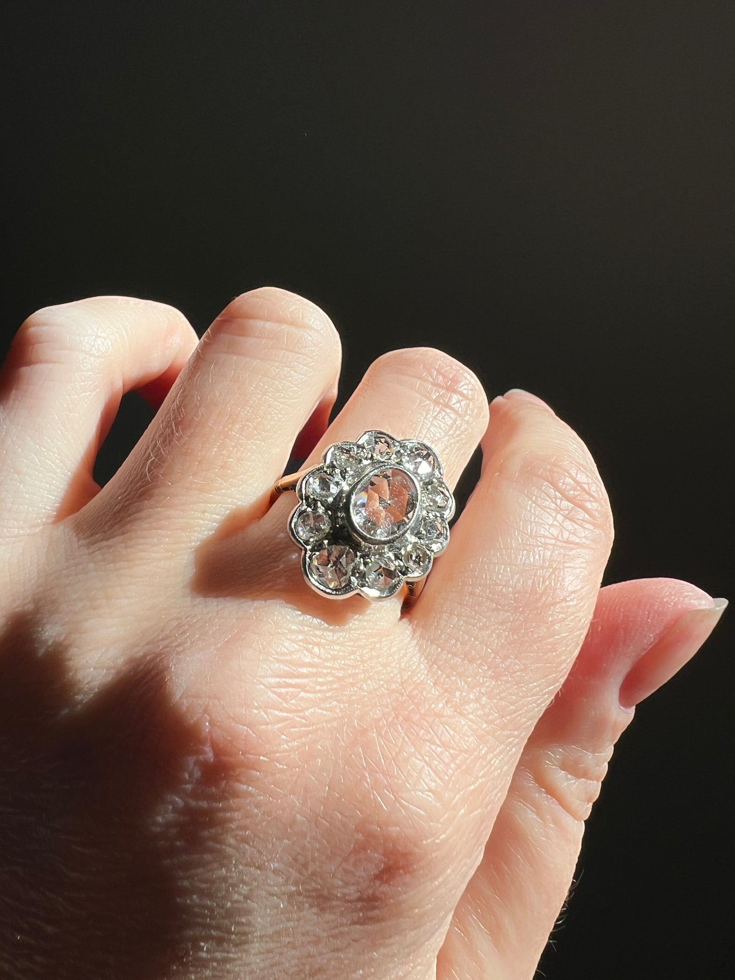 XL French Antique Open Back Oval Rose Cut DIAMOND Clear Disco Daisy Cluster Ring Victorian 18k Gold Platinum