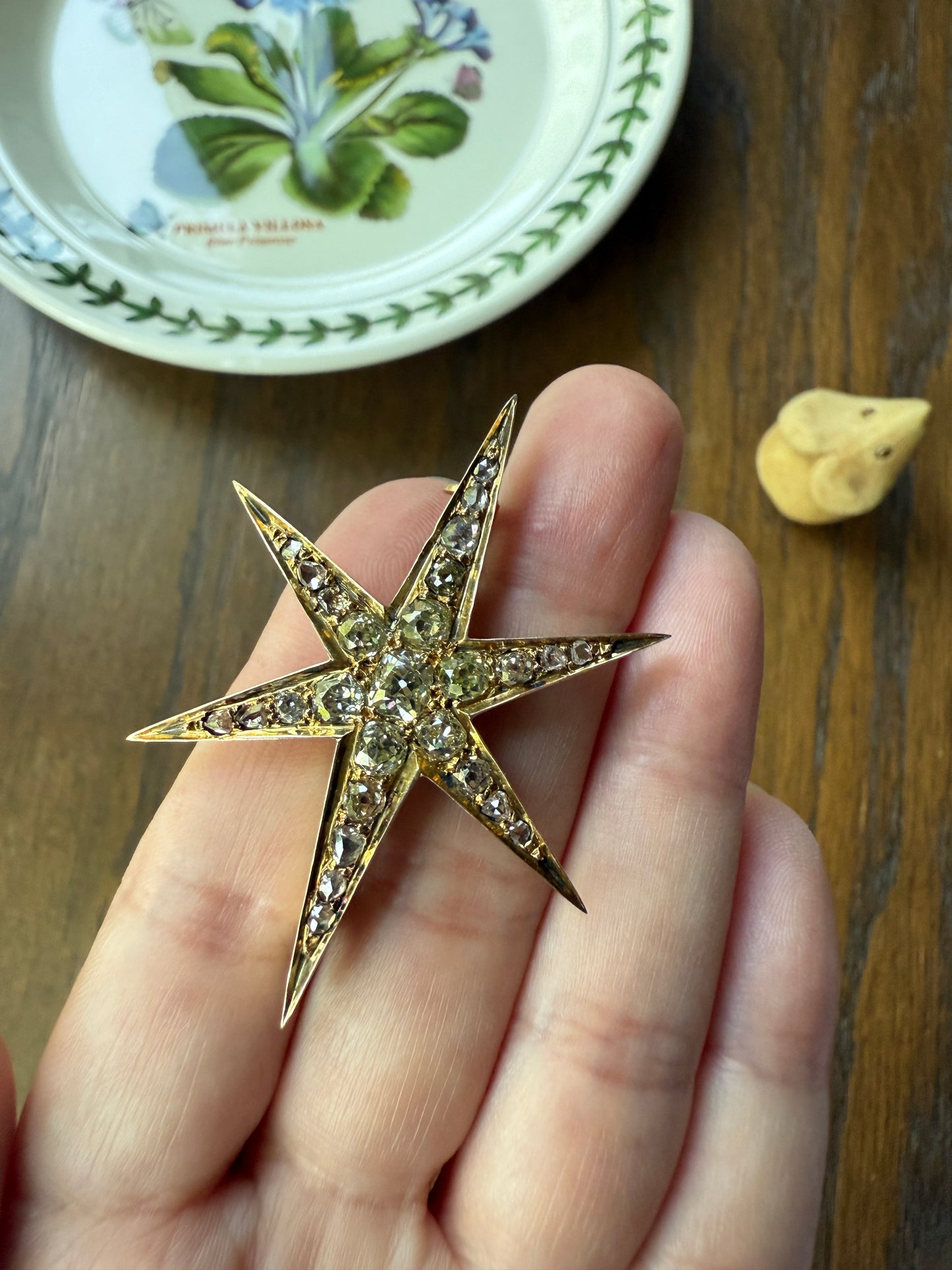 Mega STAR Antique 2.5 Carat 27 Rose Old Mine Cut DIAMOND Cluster Pin Brooch for Pendant Gilt Metal & 10k Gold