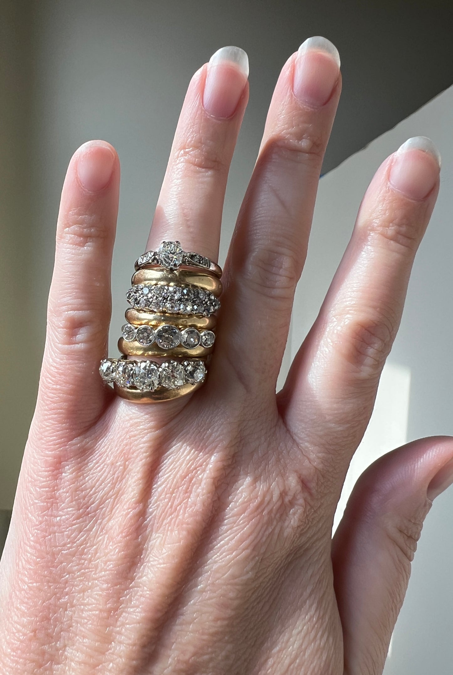 Antique One Carat Champagne White Old Mine Cut DIAMOND 18k Gold Platinum Five Stone Ring Bezel Set Band