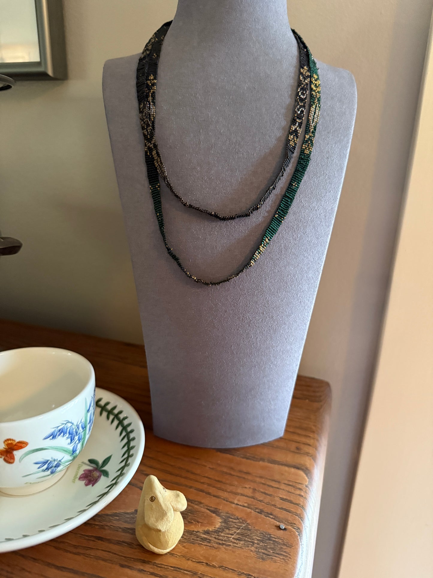 Victorian Antique Emerald Green Black and Gold Intricate Hand Beaded Long Chain Wide Ribbon Flapper Style