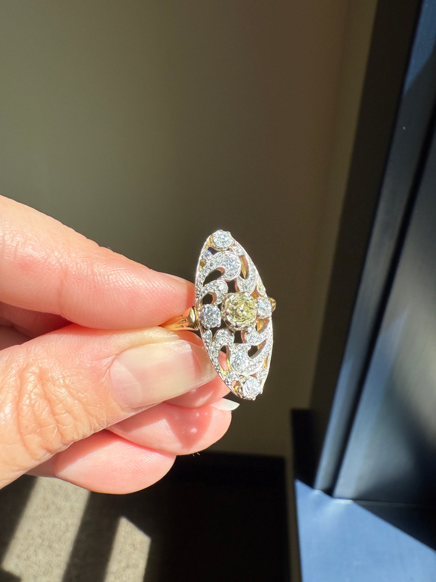 Ornate 1 Carat + French Belle Epoque Oval Old Mine Rose Cut Diamond Pale Light Yellow Center 18k Gold Platinum Scroll
