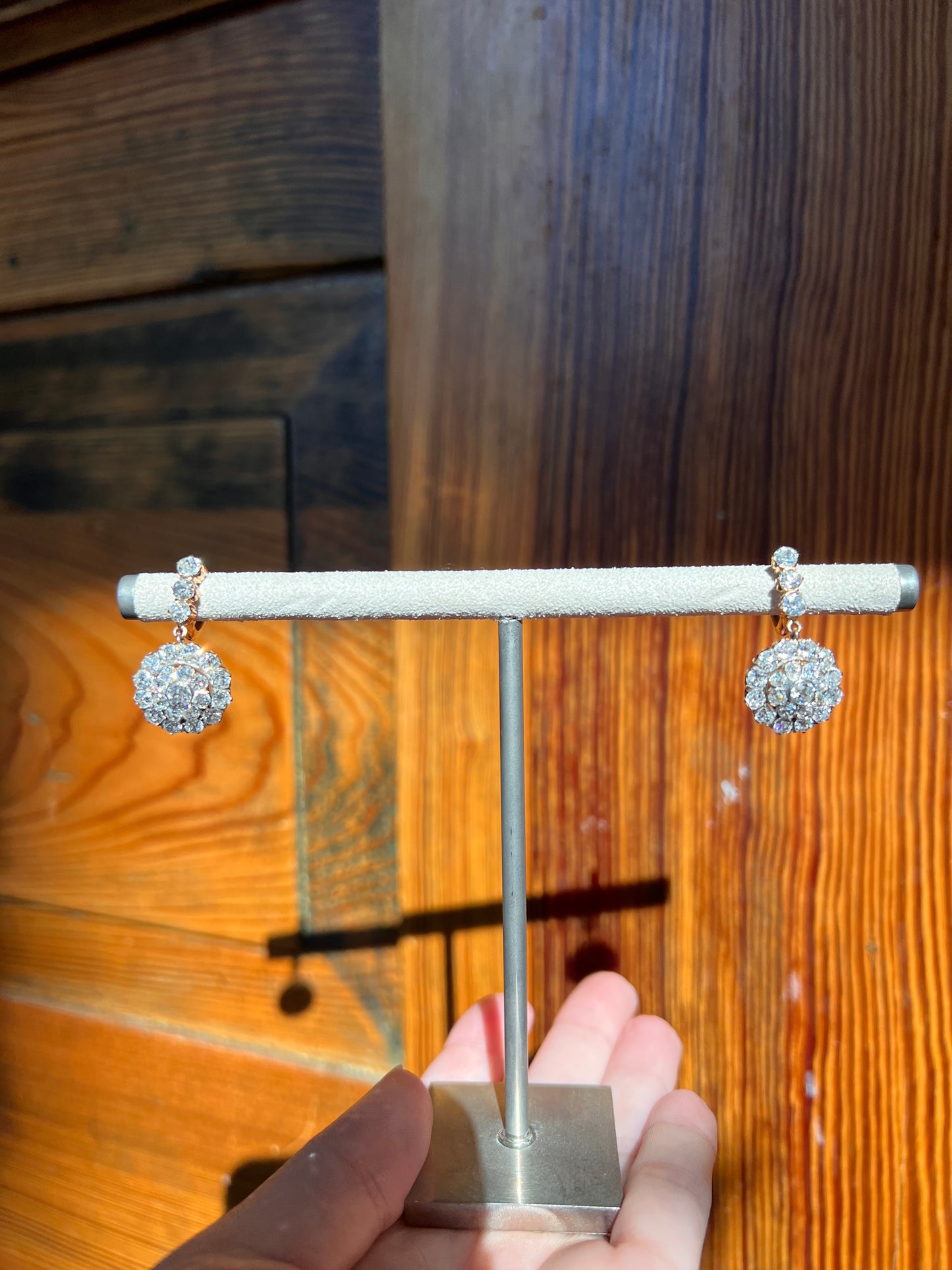 XL Antique 4 1/3 Carat Old Mine DIAMOND Cluster Dangle Earrings 18k Gold ViCTORIAN Bullseye Halo Drops