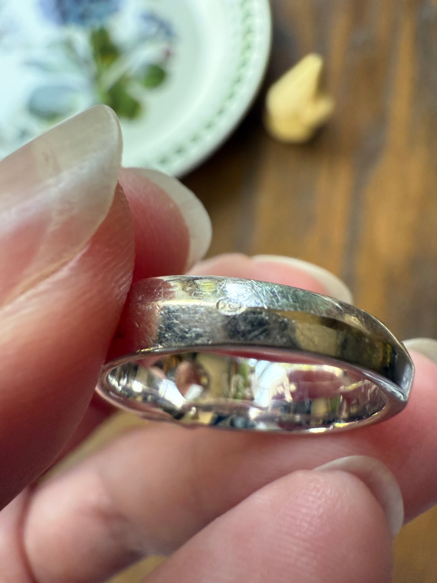 Rare HEXAGON Natural Diamond Pale Yellow French Vintage 18k White Gold Gypsy Ring 9.1g Chunky Sturdy Stacker Unisex Step Cut Beveled Band