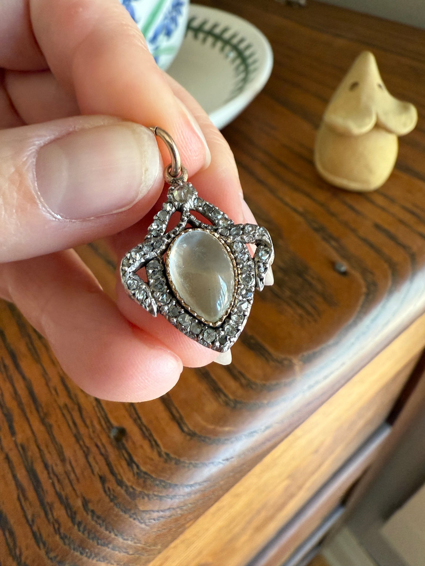 GEORGIAN Antique Bowed HEART Garland Halo Locket Back Pendant 10k Gold Silver Moonstone Rose Cut DIAMOND Magnifier Gift Figural
