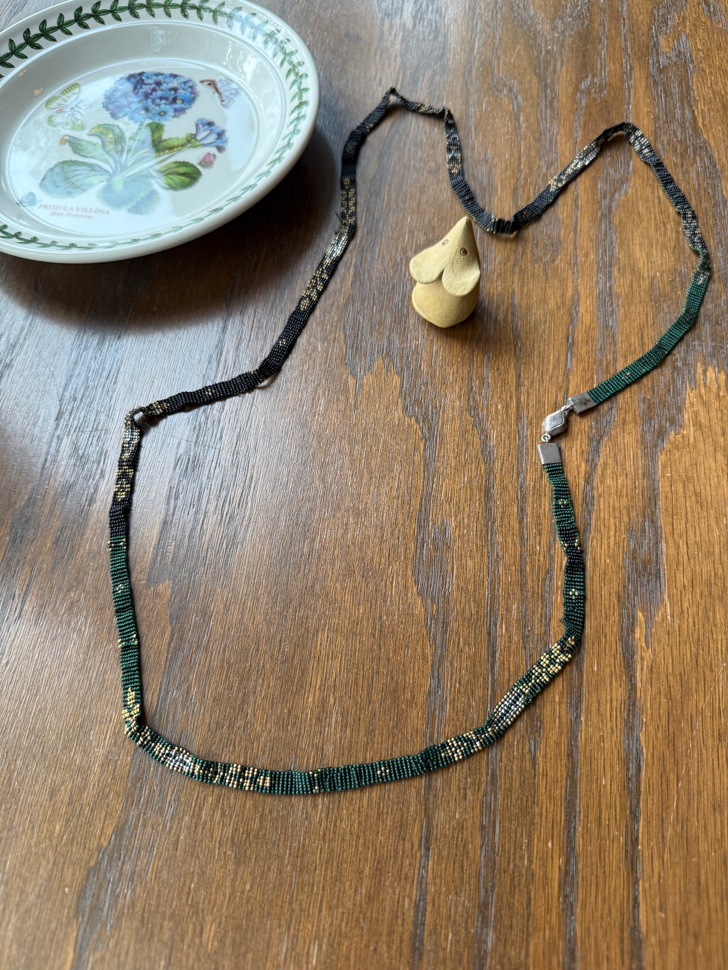 Victorian Antique Emerald Green Black and Gold Intricate Hand Beaded Long Chain Wide Ribbon Flapper Style