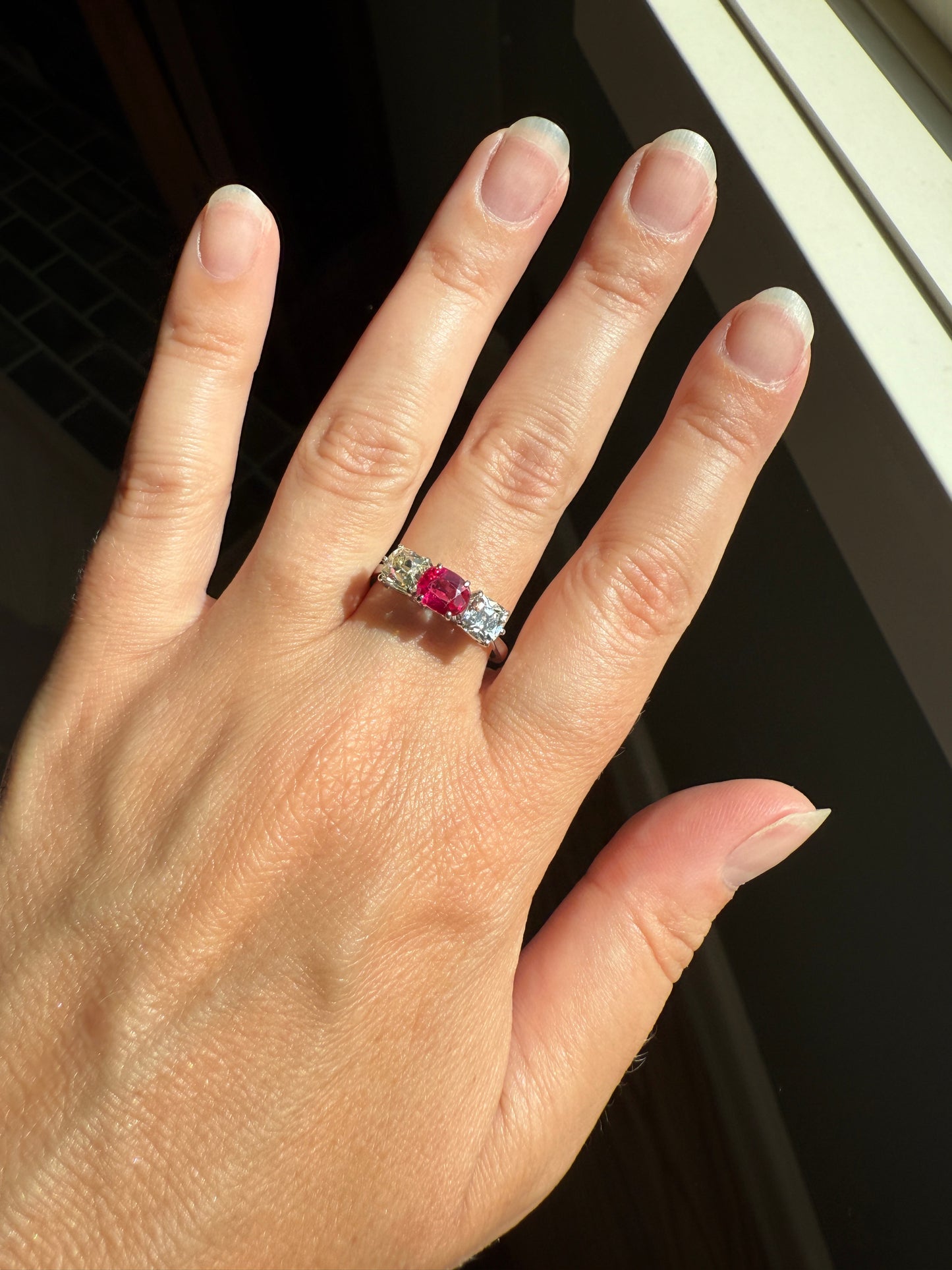 TALL Three Stone Square Old Mine Cut DIAMOND Natural Ruby 18k White Gold Ring Unique Stacker Setting Stackable Pinkish Red