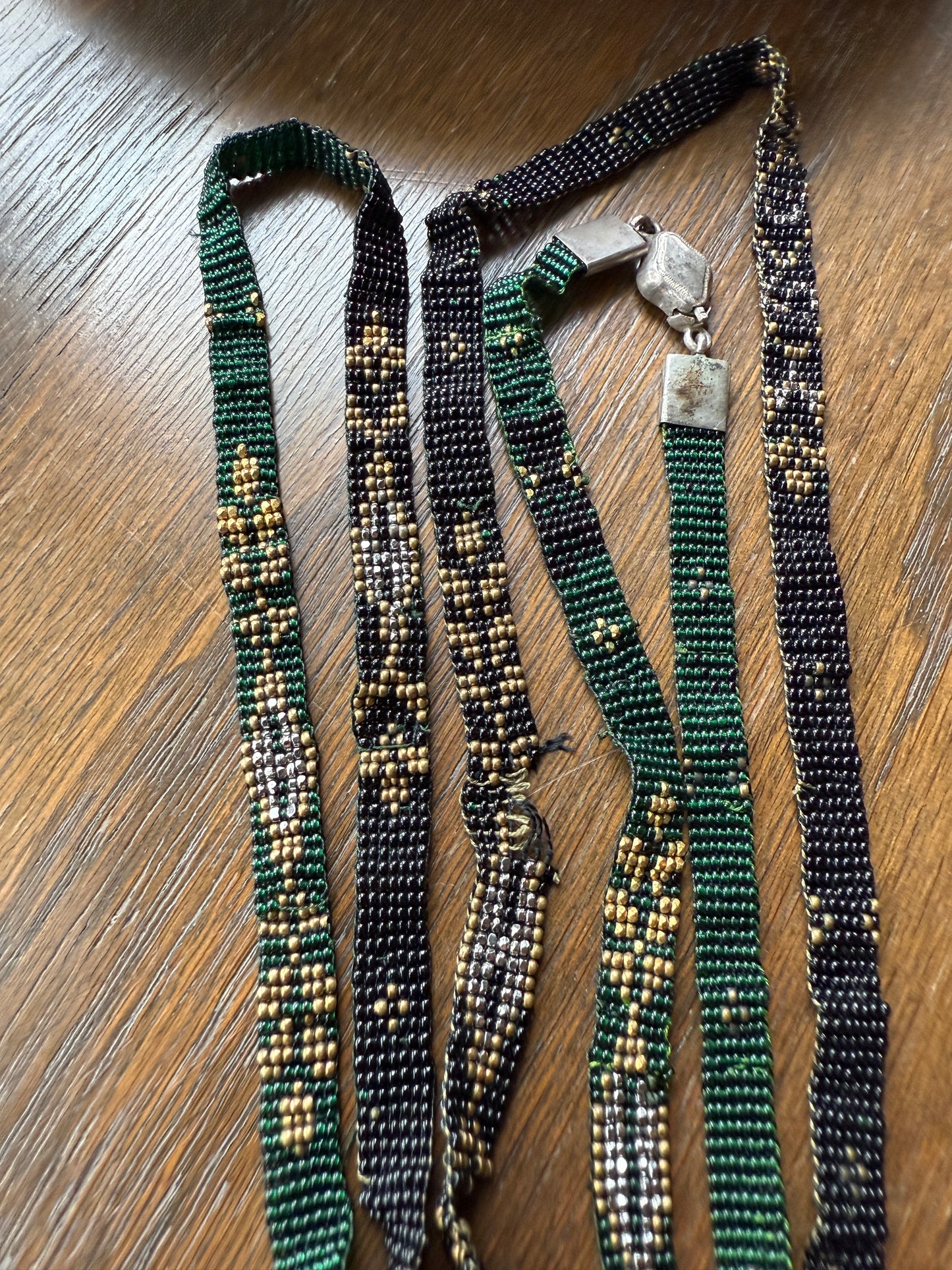 Victorian Antique Emerald Green Black and Gold Intricate Hand Beaded Long Chain Wide Ribbon Flapper Style