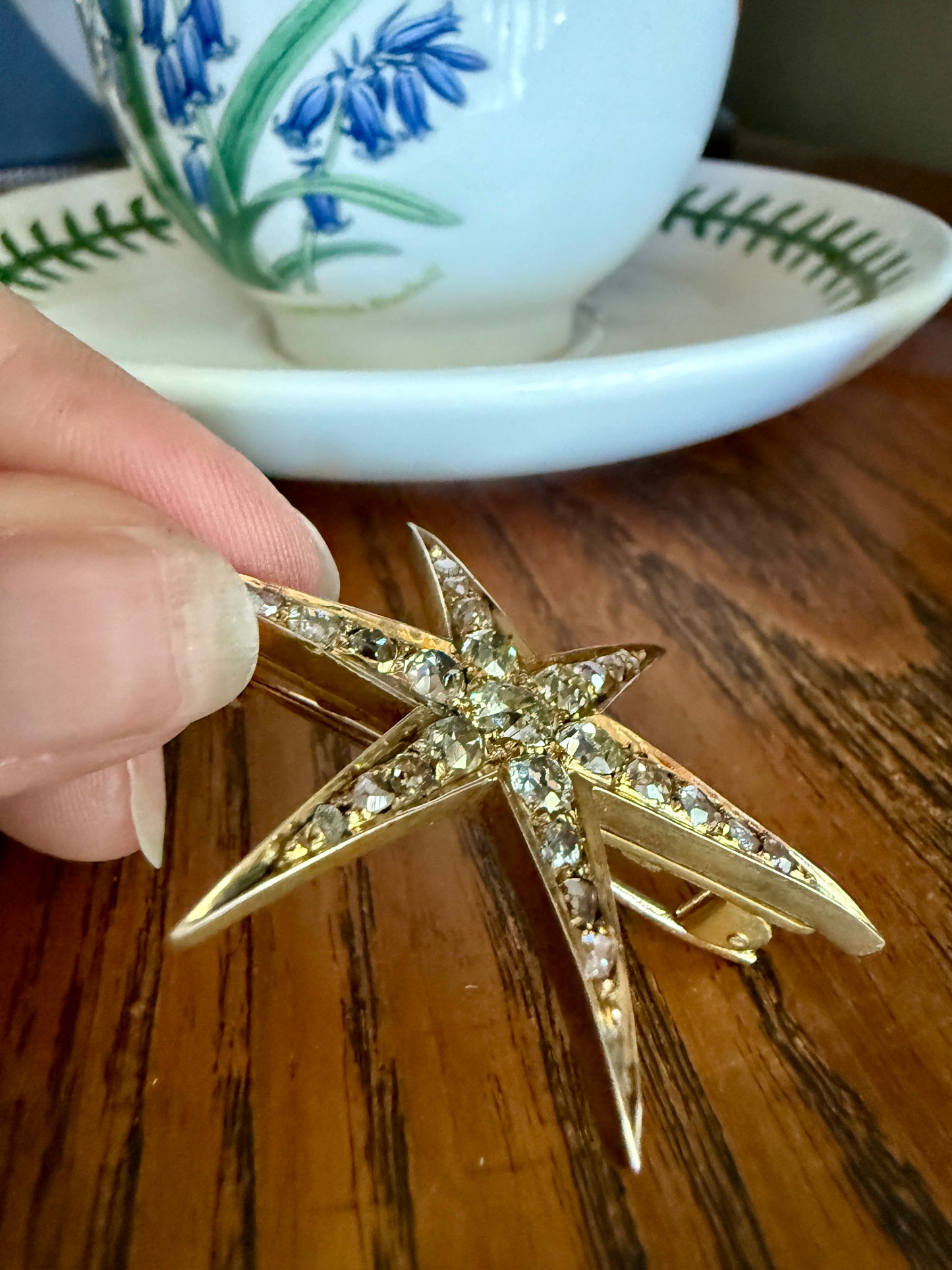 Mega STAR Antique 2.5 Carat 27 Rose Old Mine Cut DIAMOND Cluster Pin Brooch for Pendant Gilt Metal & 10k Gold