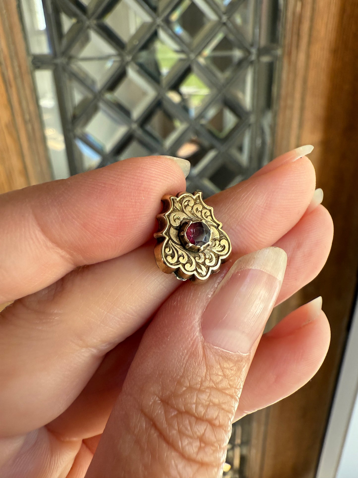 Garnet Antique SHIELD Gold Fill Slide Pendant Victorian Ornate Hand Engraved Reversible Mauve Pink Red Neckmess Bracelet Charm Findings