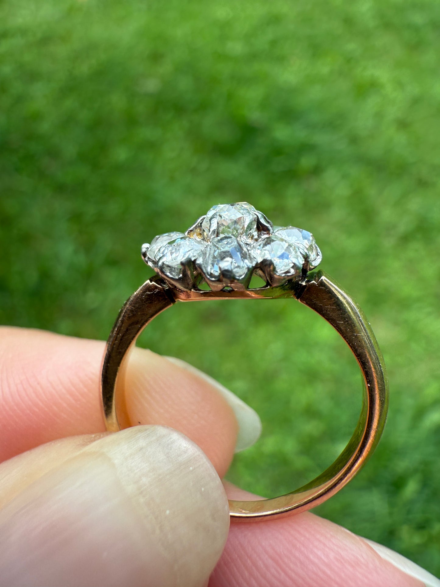 Old Mine Cut DIAMOND Daisy Cluster Halo French Antique Ring 18k Gold Platinum Victorian Belle Epoque