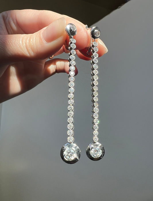 Extra LONG 2.8" Transitional Single Cut DIAMOND 3.6 Carats Tdw Dangle Earrings French Vintage 18k White Gold Platinum