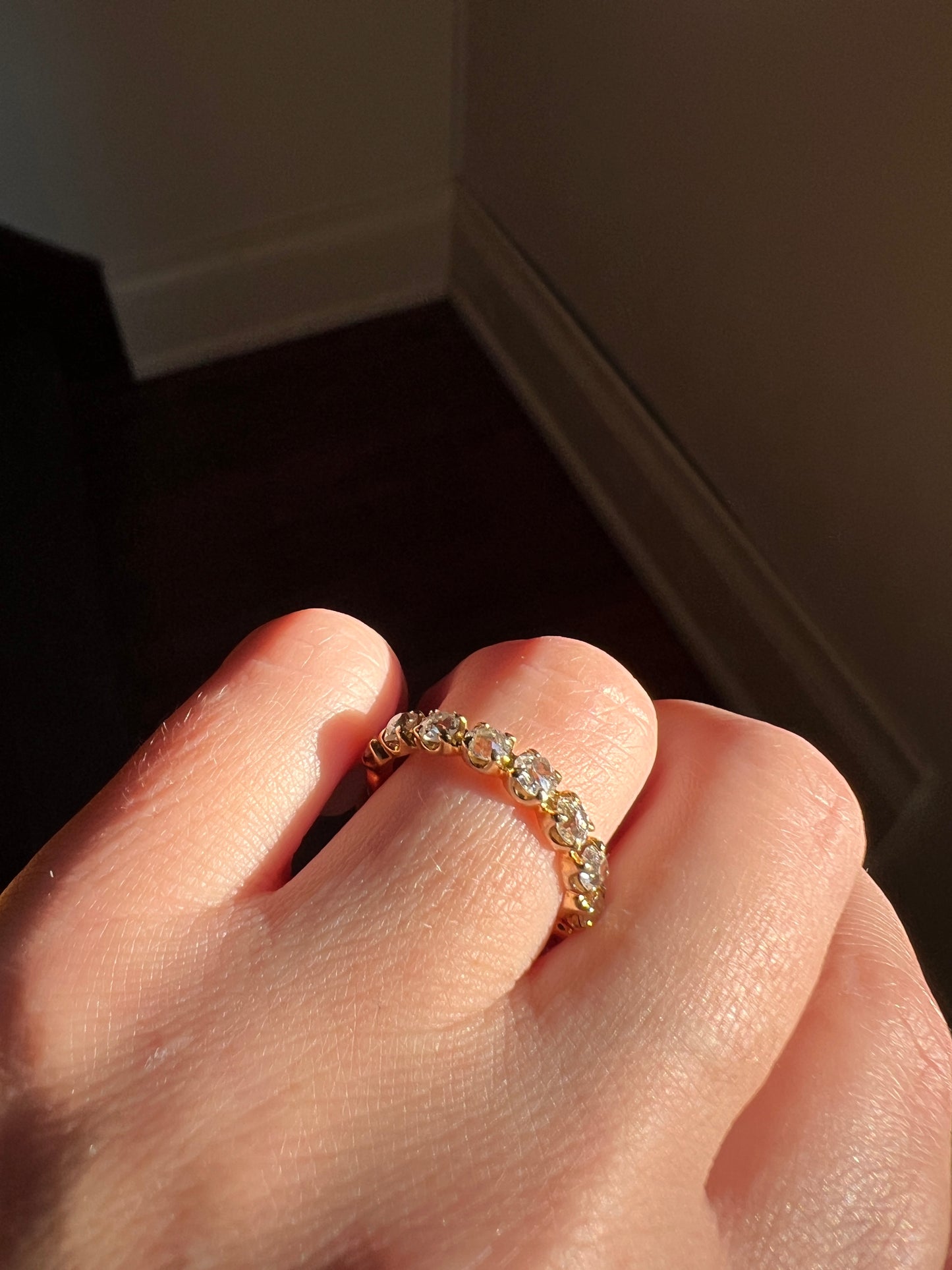 French Antique 18k Gold 1 CARAT Nine Stone Old Mine Cut DIAMOND Ring Skinny Half Hoop Wedding Band
