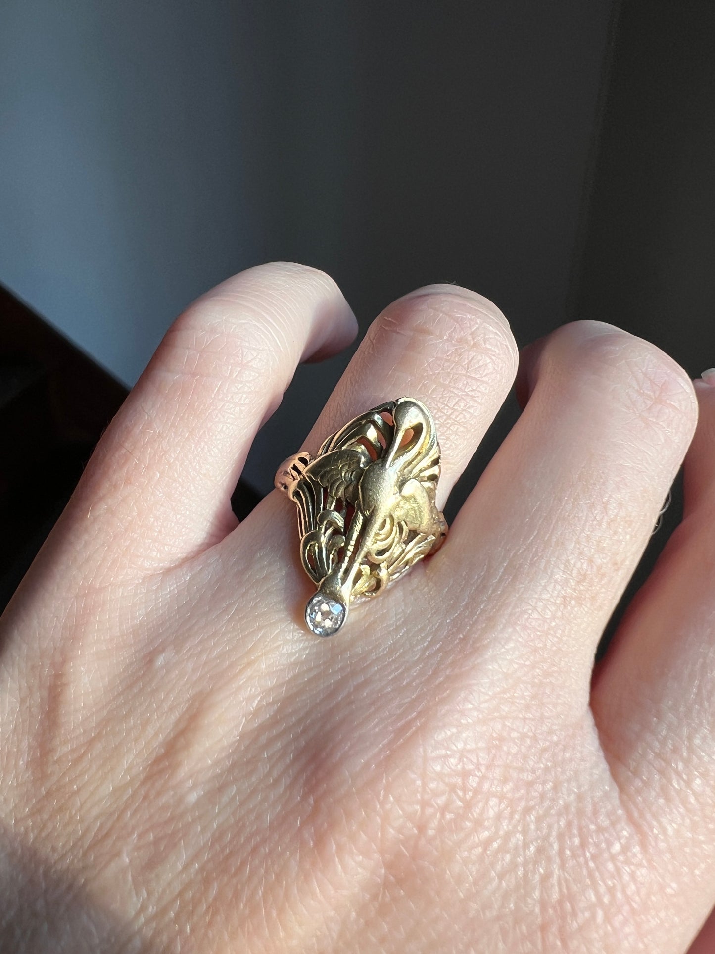 SWAN French ANTIQUE Special Art Nouveau Old Mine Cut DIAMOND 18k Gold Platinum Ring Figural