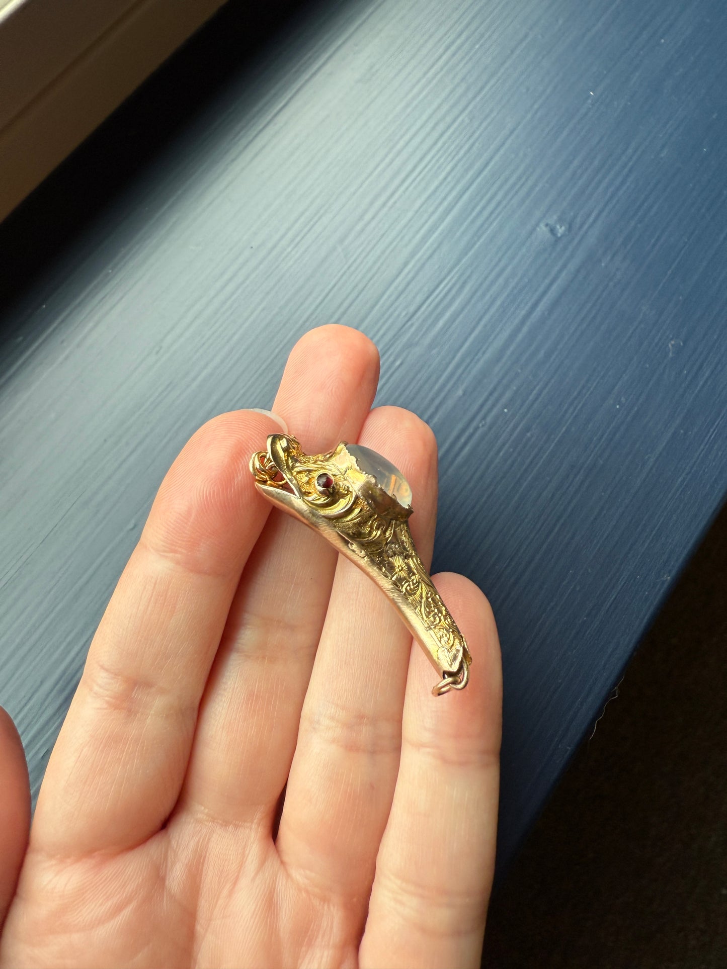 MOONSTONE Smiling SNAKE Large Victorian Antique Pendant CONNECTOR Extender Figural 10k Gold Solid Swivel Engraved Head Garnet Eyes