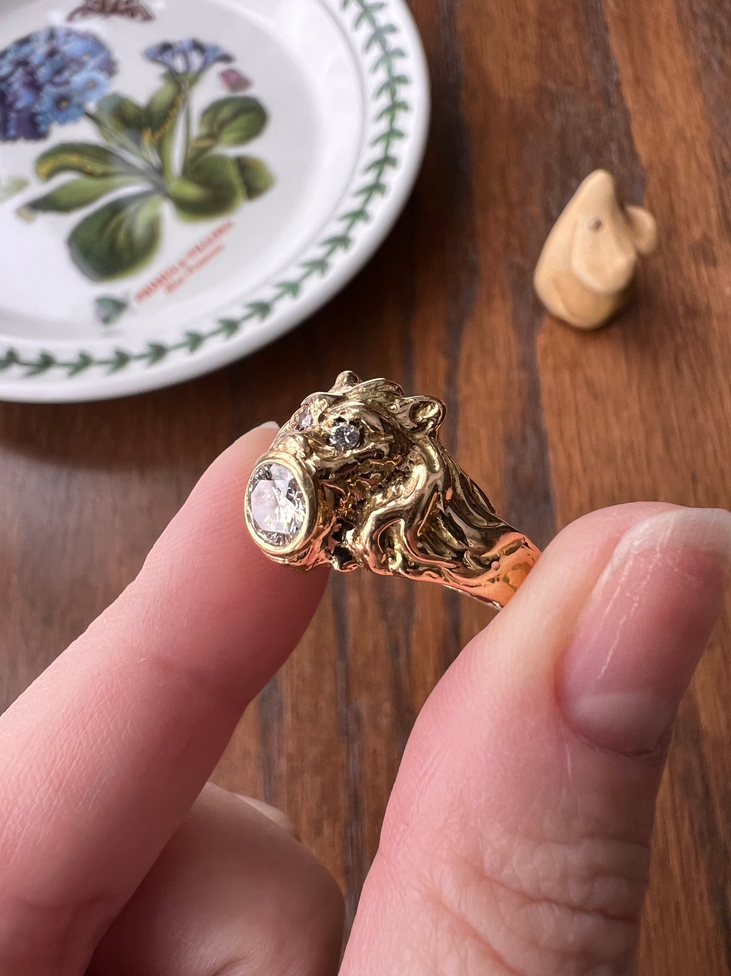 LION French Antique 18k GOLD Ring .6 Carat Transitional Cut Diamond Mouth Eyes Wide Band 3D Gift Figural Vintage Animal Unisex