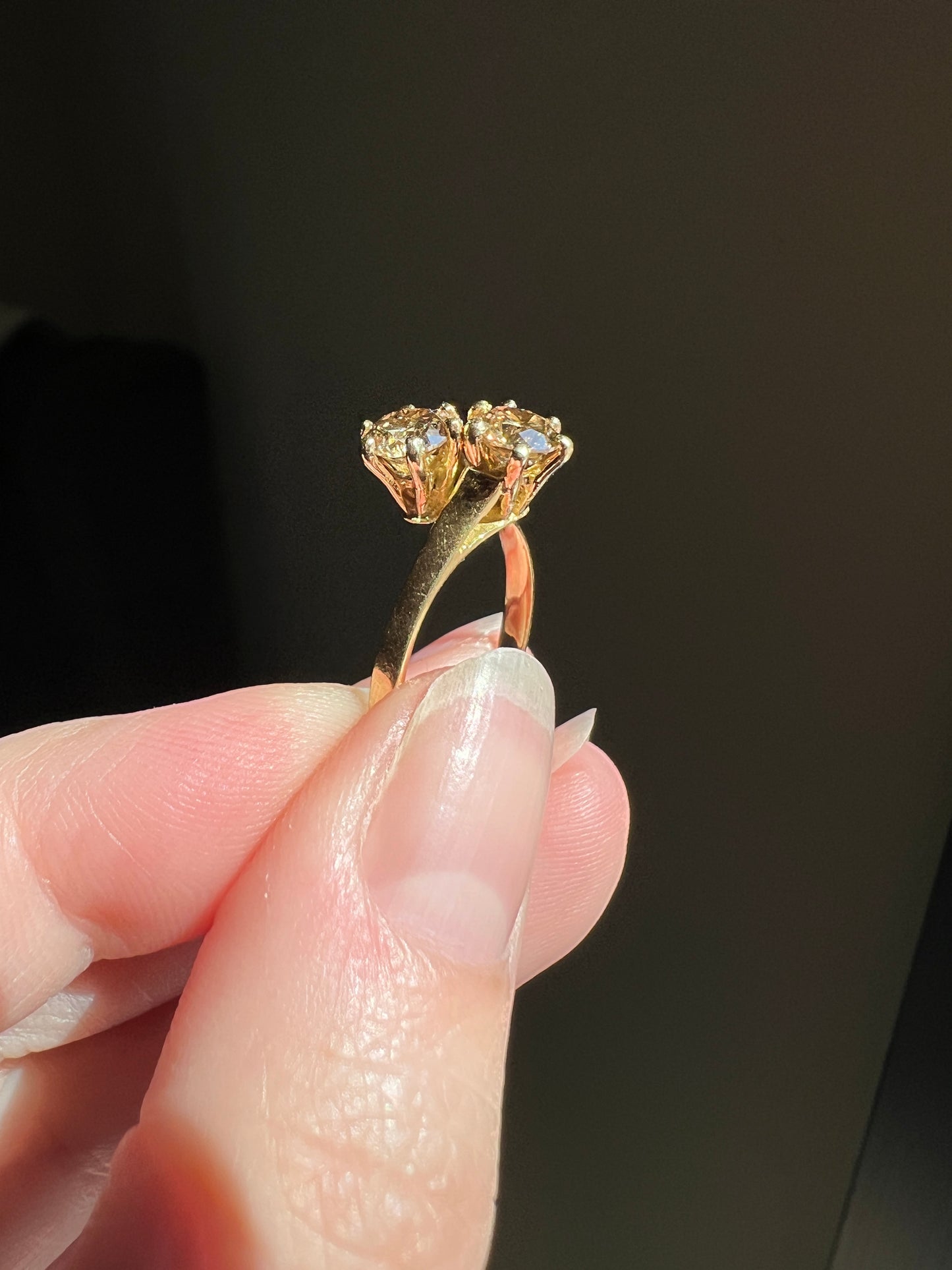 Fancy BROWN 1 Carat Tdw Transitional Cut DIAMOND Toi et Moi Ring 18k Gold Tall Champagne Cognac Stacker French Romantic Gift