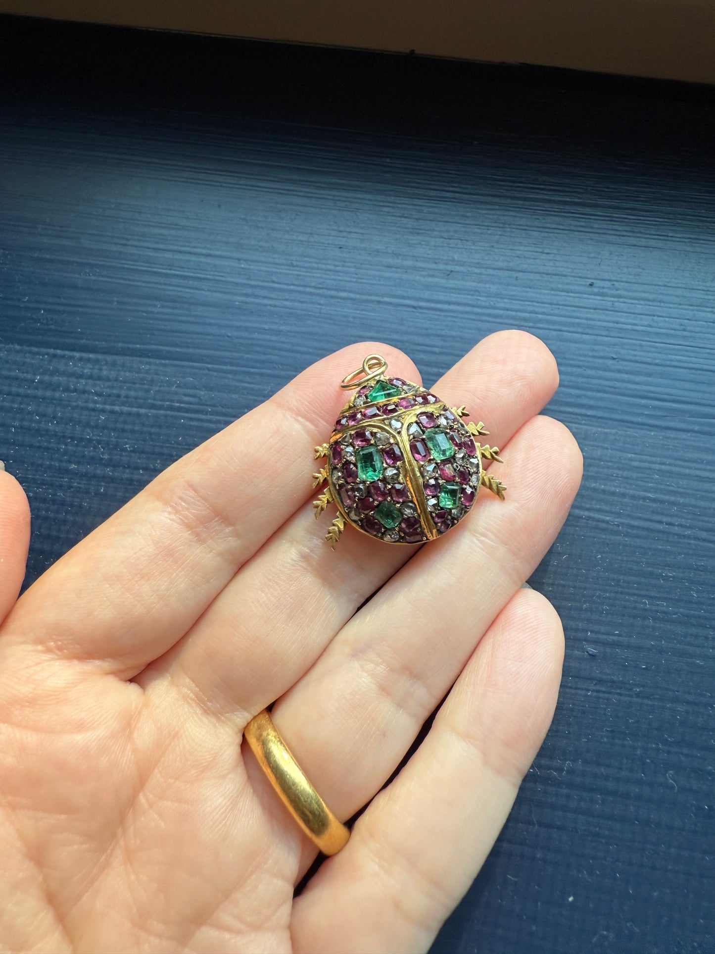 LADYBUG Large Antique Beetle Scarab Ruby Diamond Emerald Encrusted 14k Gold 3D Figural Pendant Domed Colorful Chunky