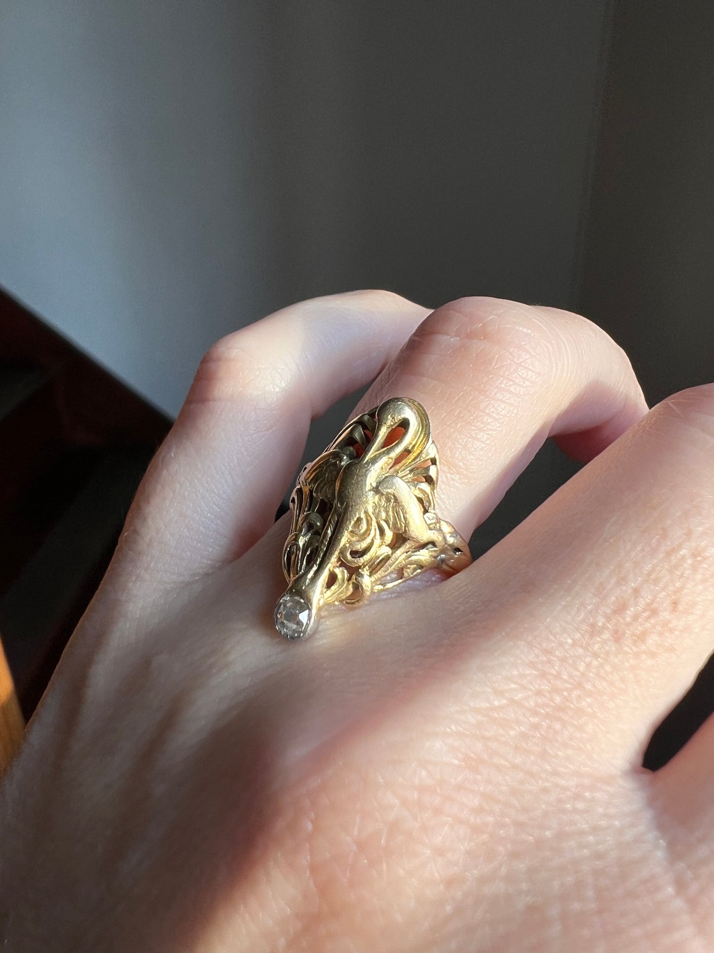 SWAN French ANTIQUE Special Art Nouveau Old Mine Cut DIAMOND 18k Gold Platinum Ring Figural
