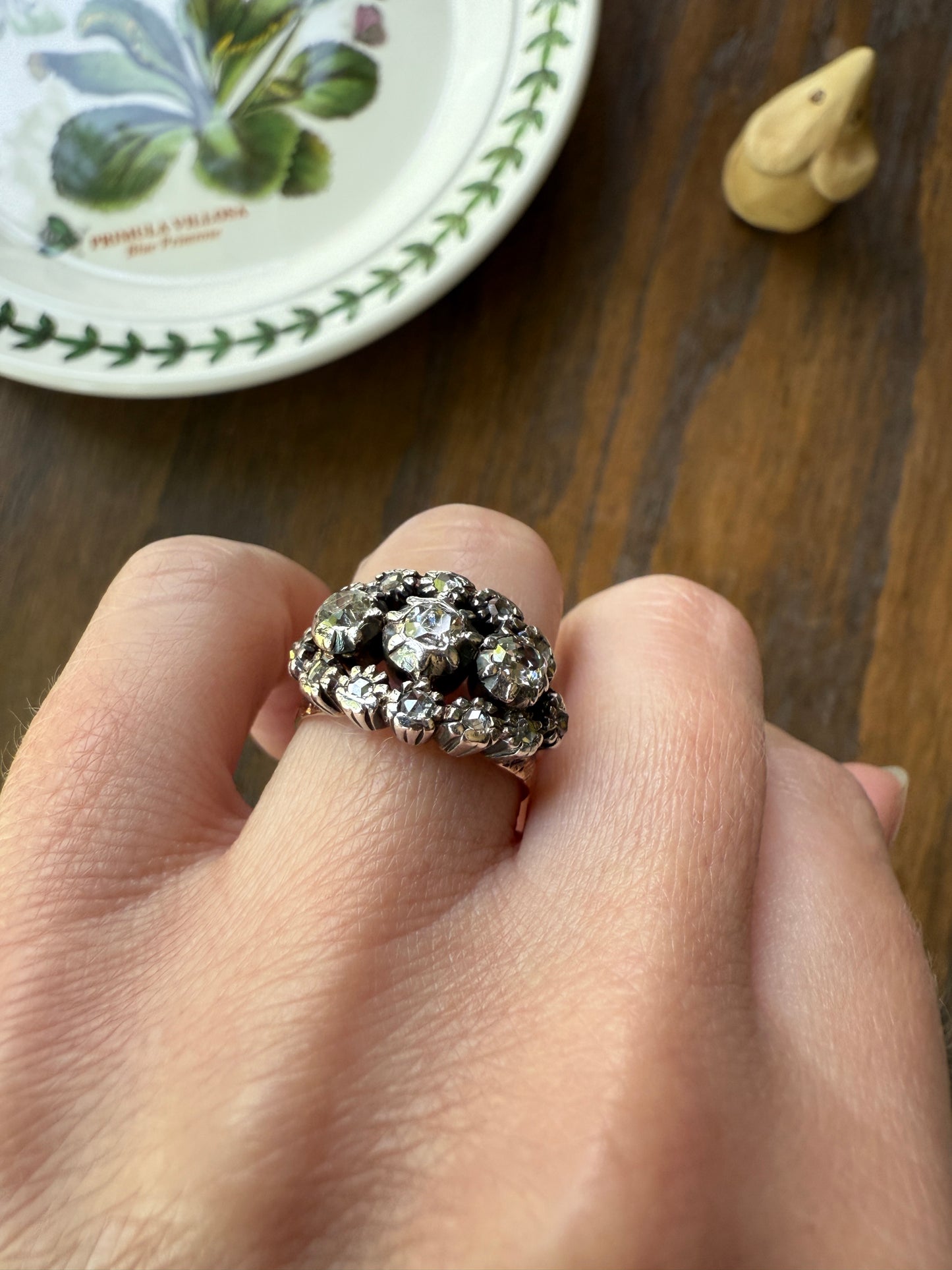 GEORGIAN Era Antique 1.5 Carat Spanish Iberian Triple Row Old Mine Rose Cut Diamond Ring Engraved Band 18k Gold Silver Collet