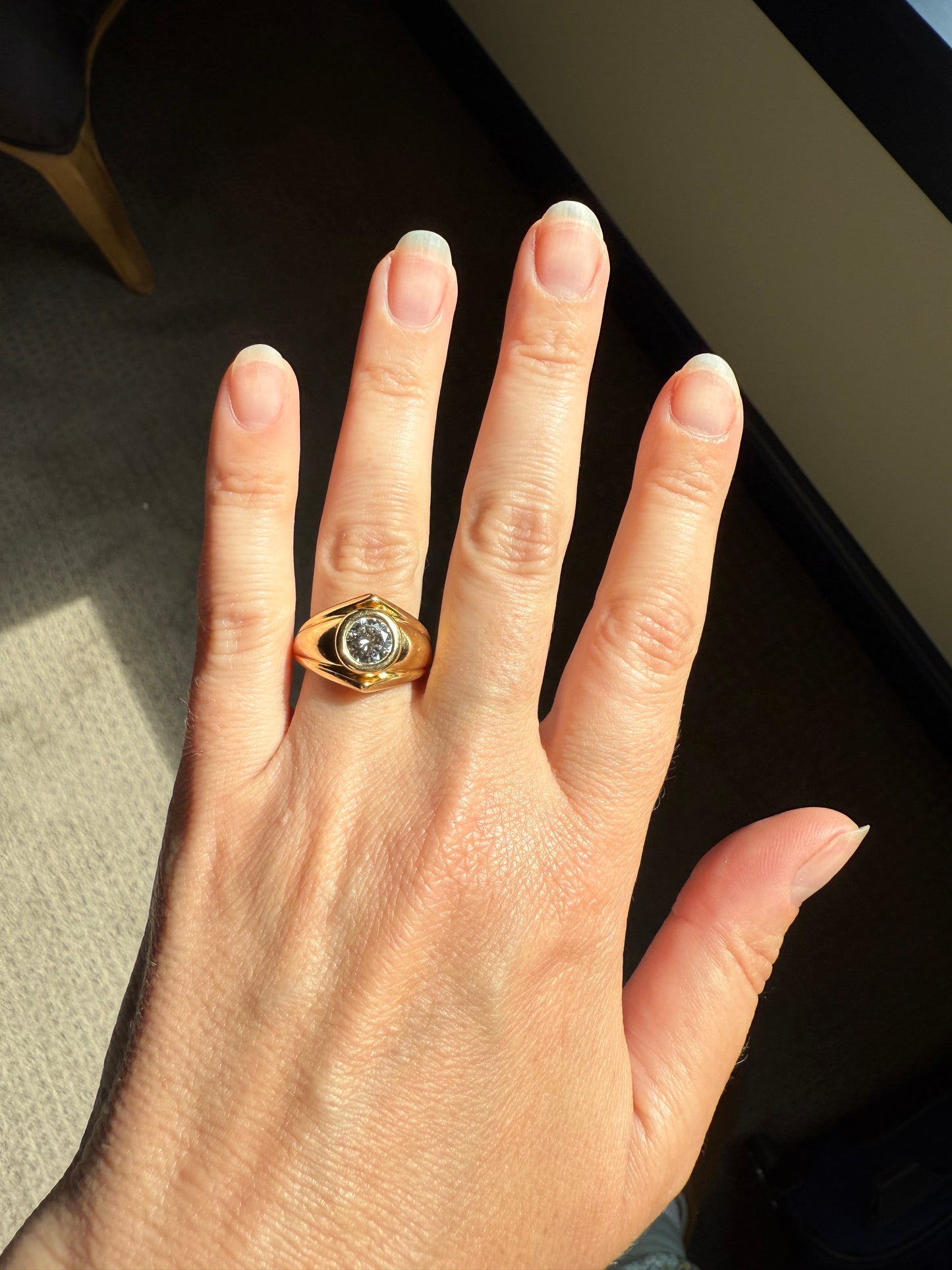 Vintage 1 Carat VVS1 A+ Quality DIAMOND Chevron Ring With DATED RECEIPT French 18k Gold Unisex Gypsy Solitaire Chunky Wide Band