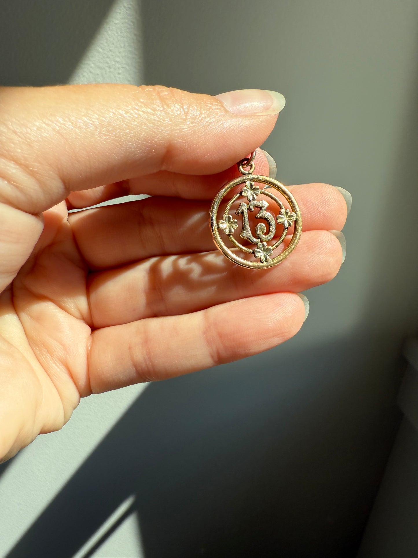 CLOVER Antique Lucky Number # 13 Pendant Tricolor Tricolor Gold Fill Halo Bullseye Belle Epoque Medal Thirteen Amulet Love Token Figural