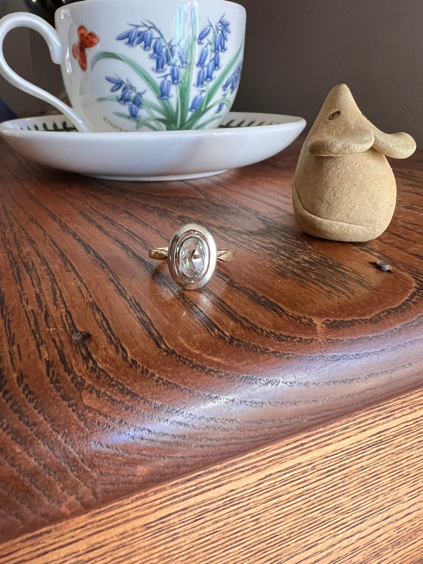 ANTIQUE Oval Rose Cut DIAMOND Open Backed Halo Ring 18k Gold Illusion Solitaire Stacker Disco Ball Romantic Gift Sparkle Unique Geometric