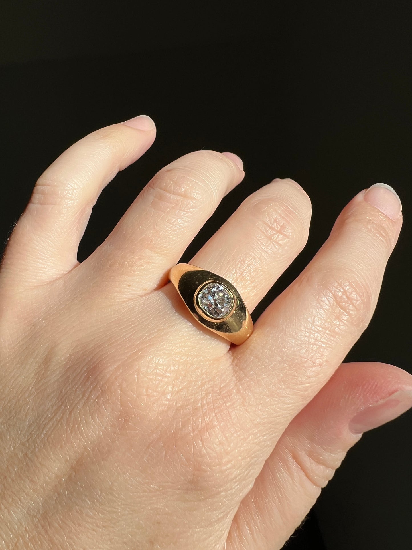 Chunky 1 Carat Antique Old Mine Cut DIAMOND Ring French 6.6g 18k Gold Gypsy Band Solitaire Unisex Man or
