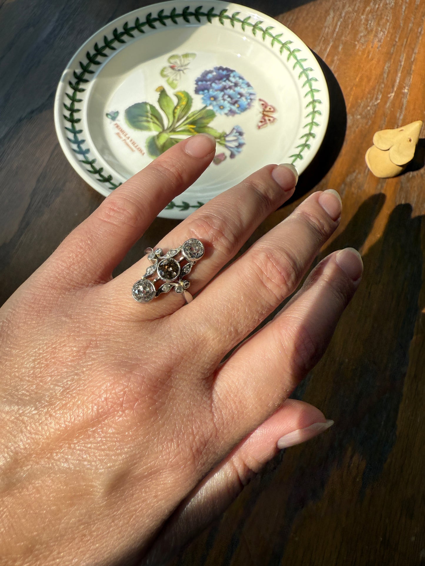 ORNATE Belle Epoque Antique 1.6 Carat Tdw Champagne Fancy Light Brown & White Three Stone Old Mine Cut Diamond Platinum Navette Ring Oval Victorian French