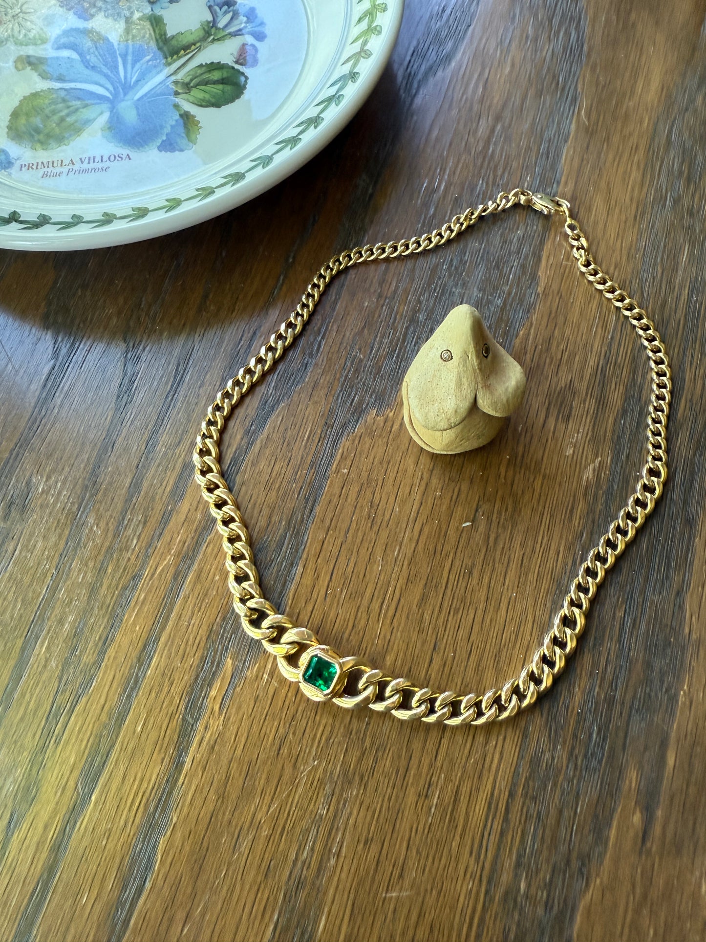 Vintage 26g 18k Gold Natural EMERALD French Curb Chain DATED Cert & ORIGINAL Gouache Drawing Design Heavy Unisex Chunky Green