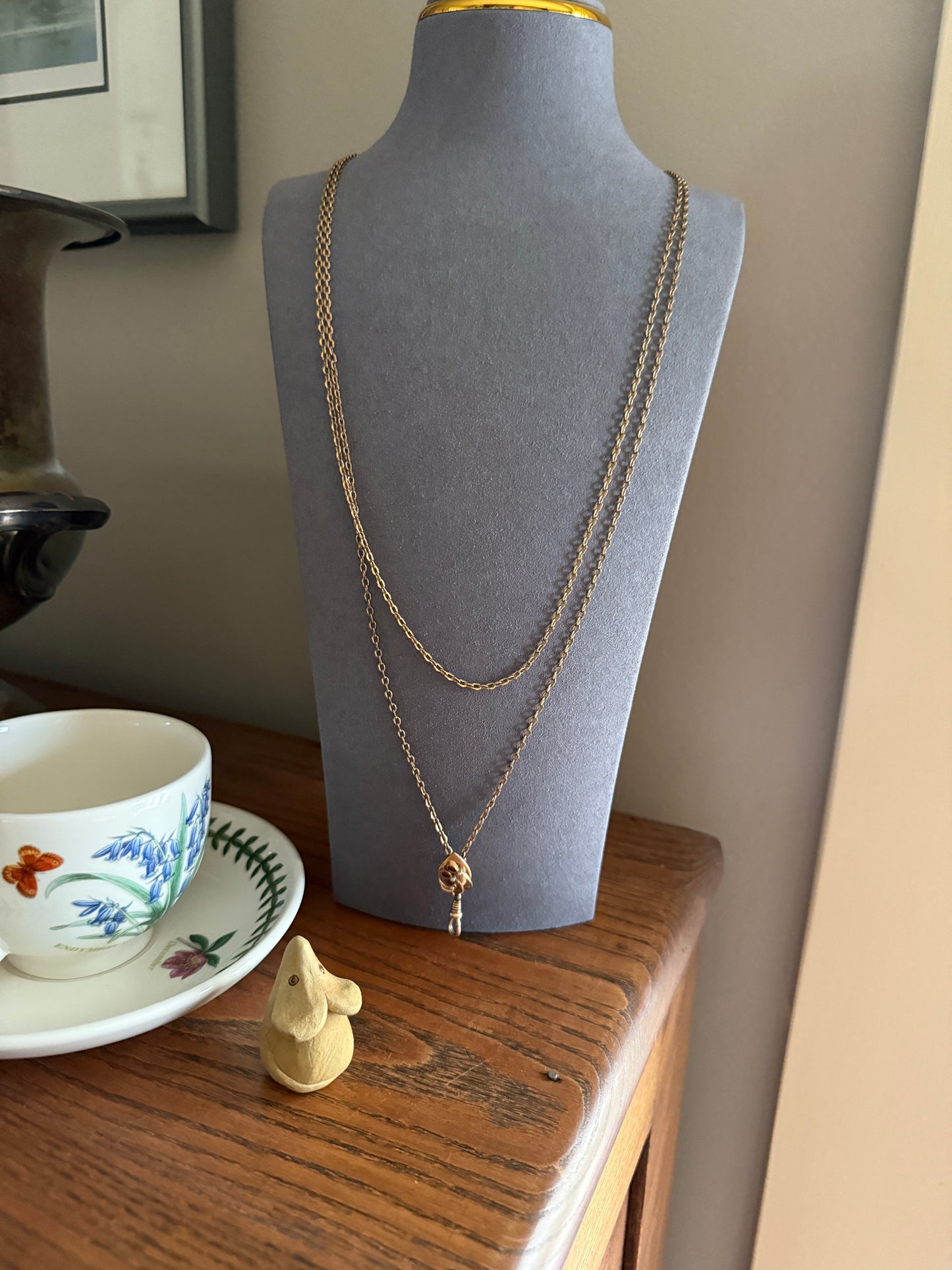 Victorian Art Nouveau Warm Rosy Gold Fill Long Guard Muff Watch Chain Necklace with Swirl Marquise Paste Ruby & Seed Pearl Slide