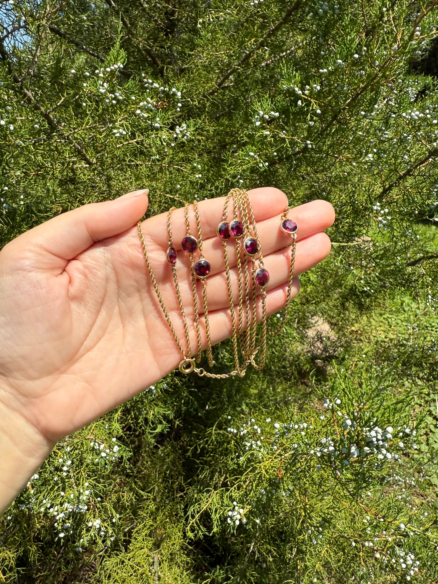 Victorian X Long Antique GARNET Station Chain Guard 67 Inch (!) 5.5 FEET 22g 14k GOLD Necklace Berry Pink Purple Neckmess Body Chain Gift