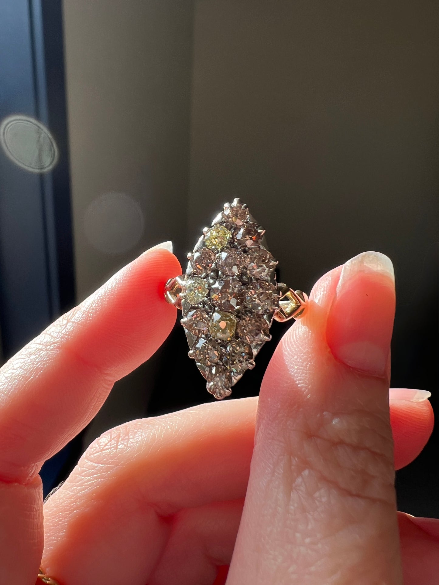 Champagne Dusty BLUSH Hues Antique 2.5 Carat Old Mine Cut DIAMOND Light Brown Cobblestone Cluster Navette Ring 14k Gold